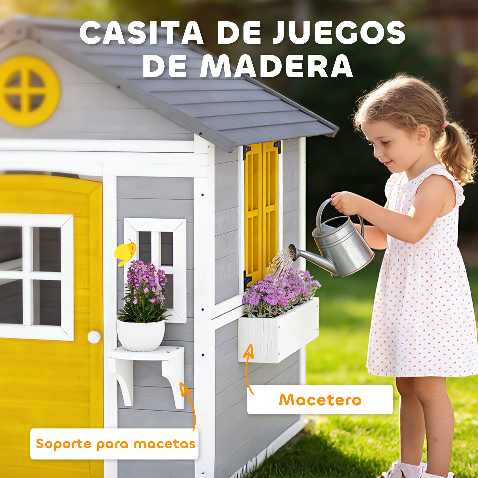 Casa de Madeira Infantil Outsunny Madeira de Abeto Cinzento 112x126x135 cm - 4