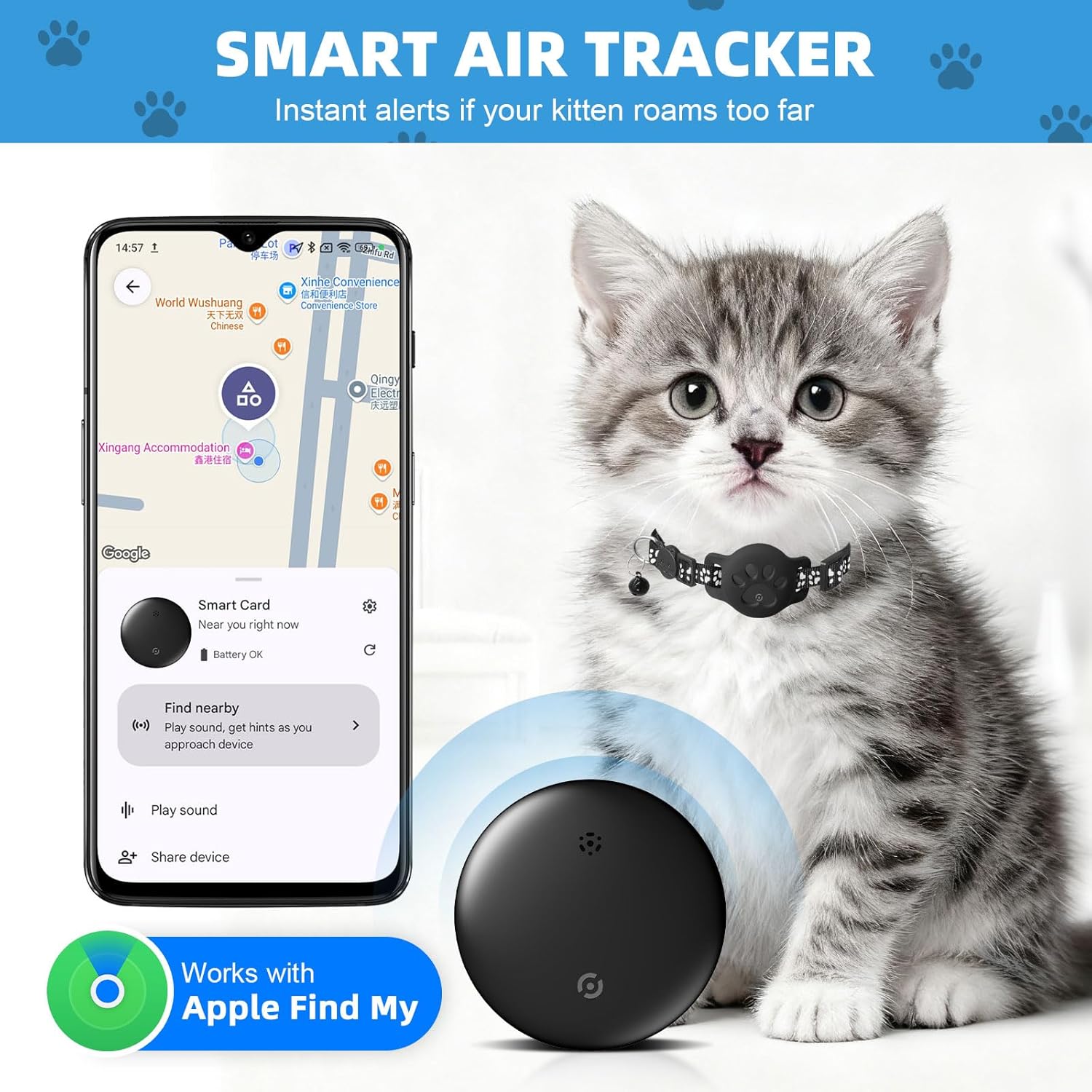 Coleira GPS para gatos, localizador GPS para gatos, sem assinatura mensal, sem cartão SIM (coleira + localizador, cor preta) - 2