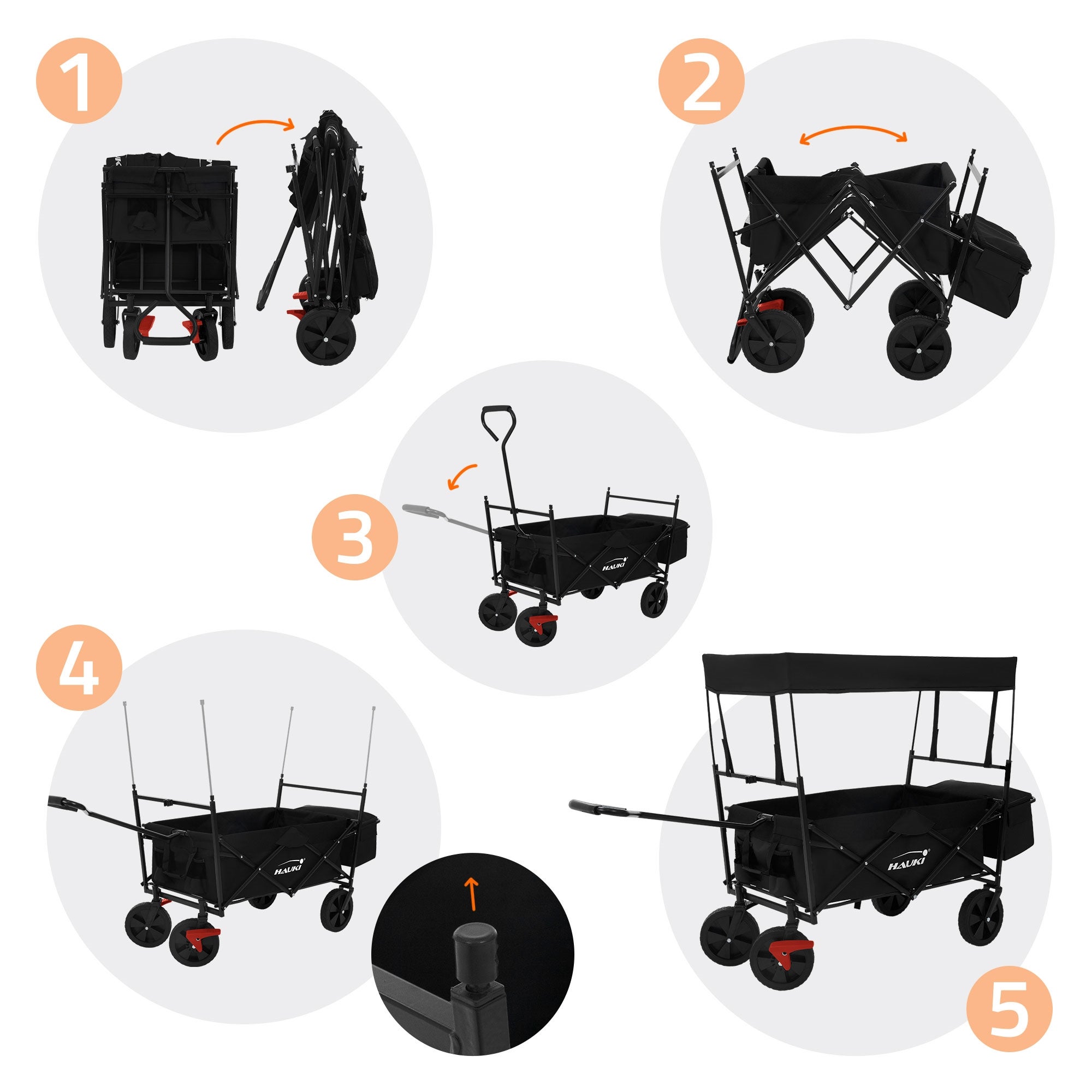Chariot de transport pliable avec toit noir avec poches pour enfants charge 80kg - 4