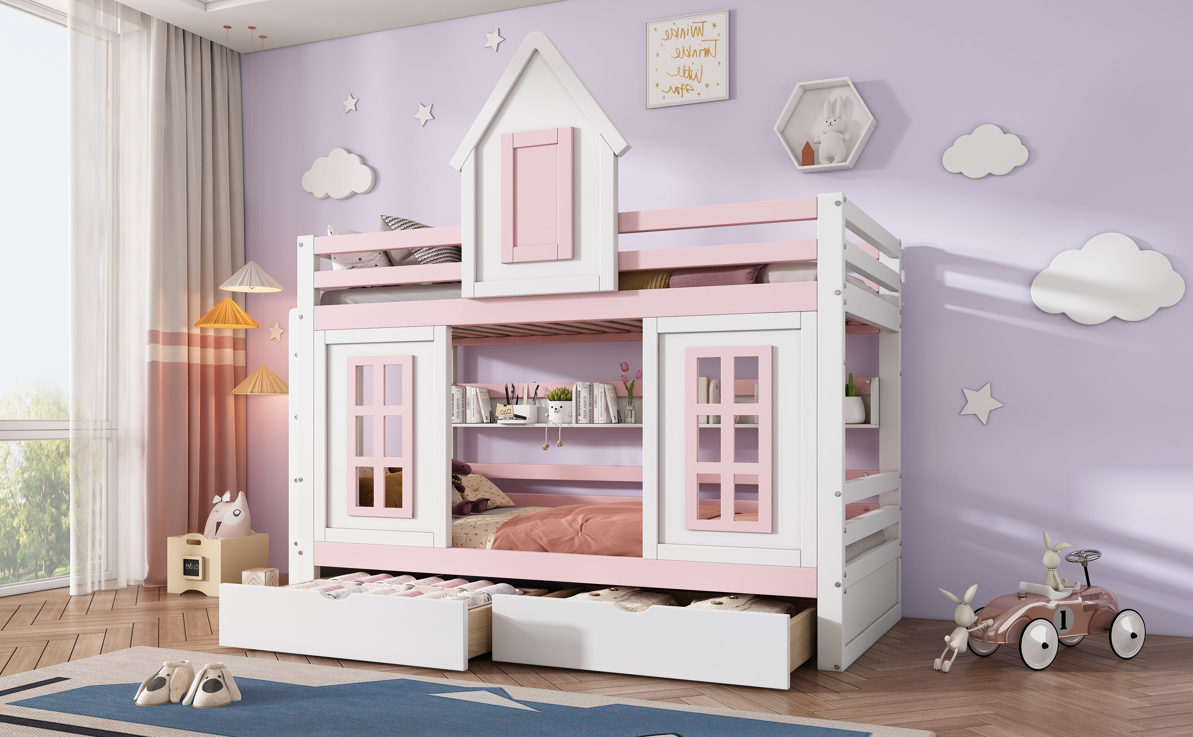Letto a castello, letto per bambini con tetto e finestra, con sponda di sicurezza, due cassetti con rotelle, ripiano aperto, pino + MDF, bianco + rosa - 8
