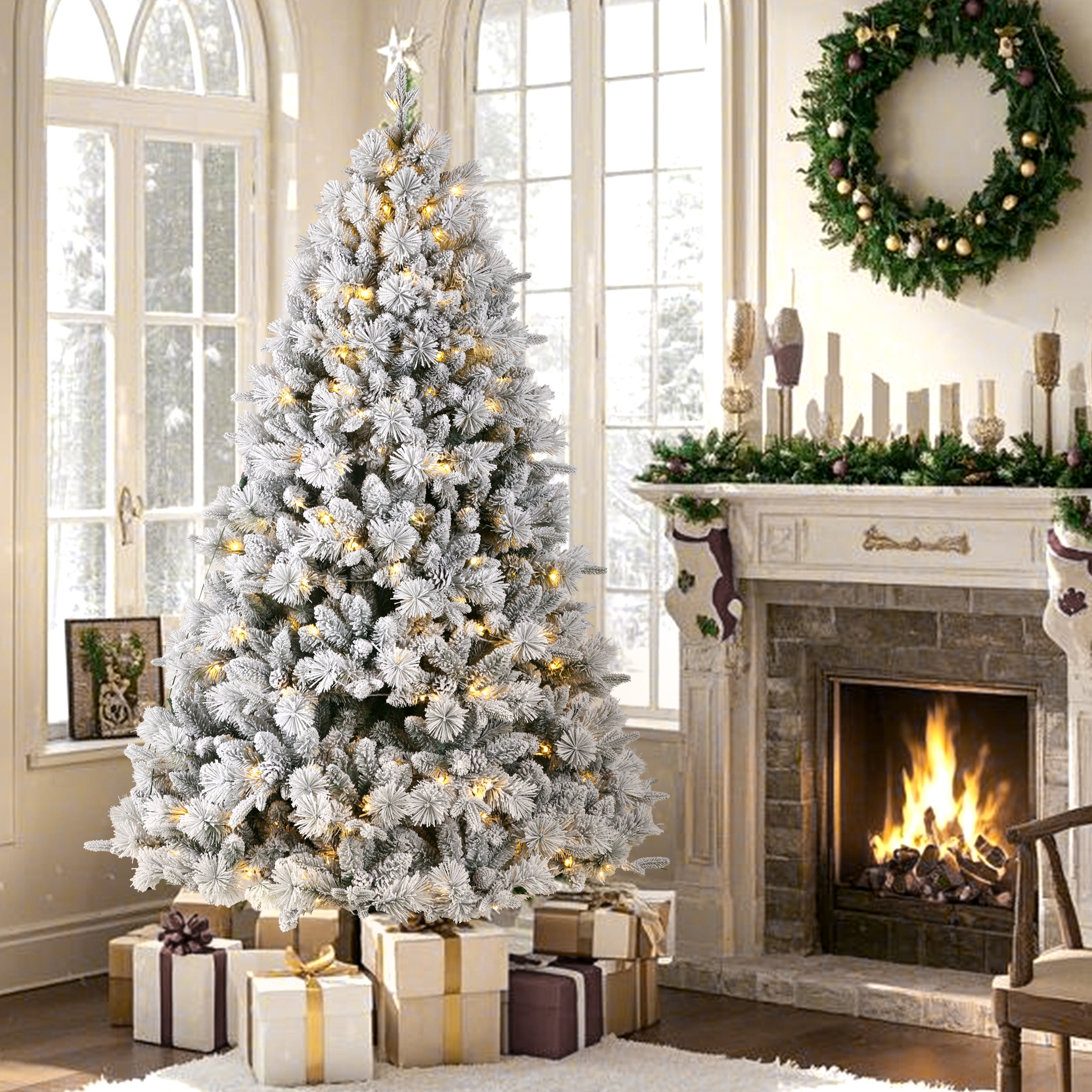SHareconn Sapin de Noël artificiel floqué de neige 1,4 m, 100 lumières blanches chaudes, 1,2 m, blanc