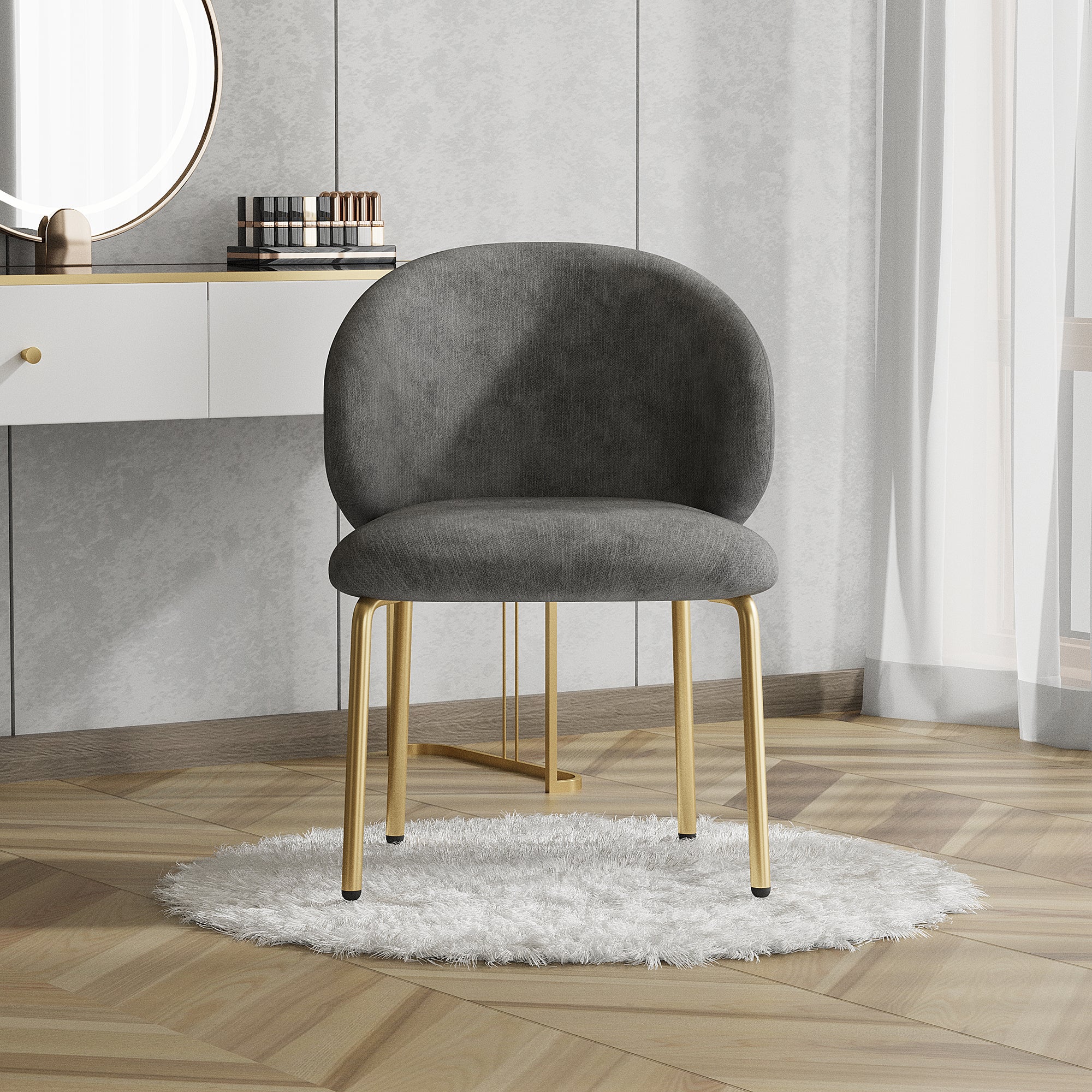 1 Krzesło z tkaniny chenille - złocone metalowe nogi - krzesło do toaletki - krzesło do jadalni - Szary
