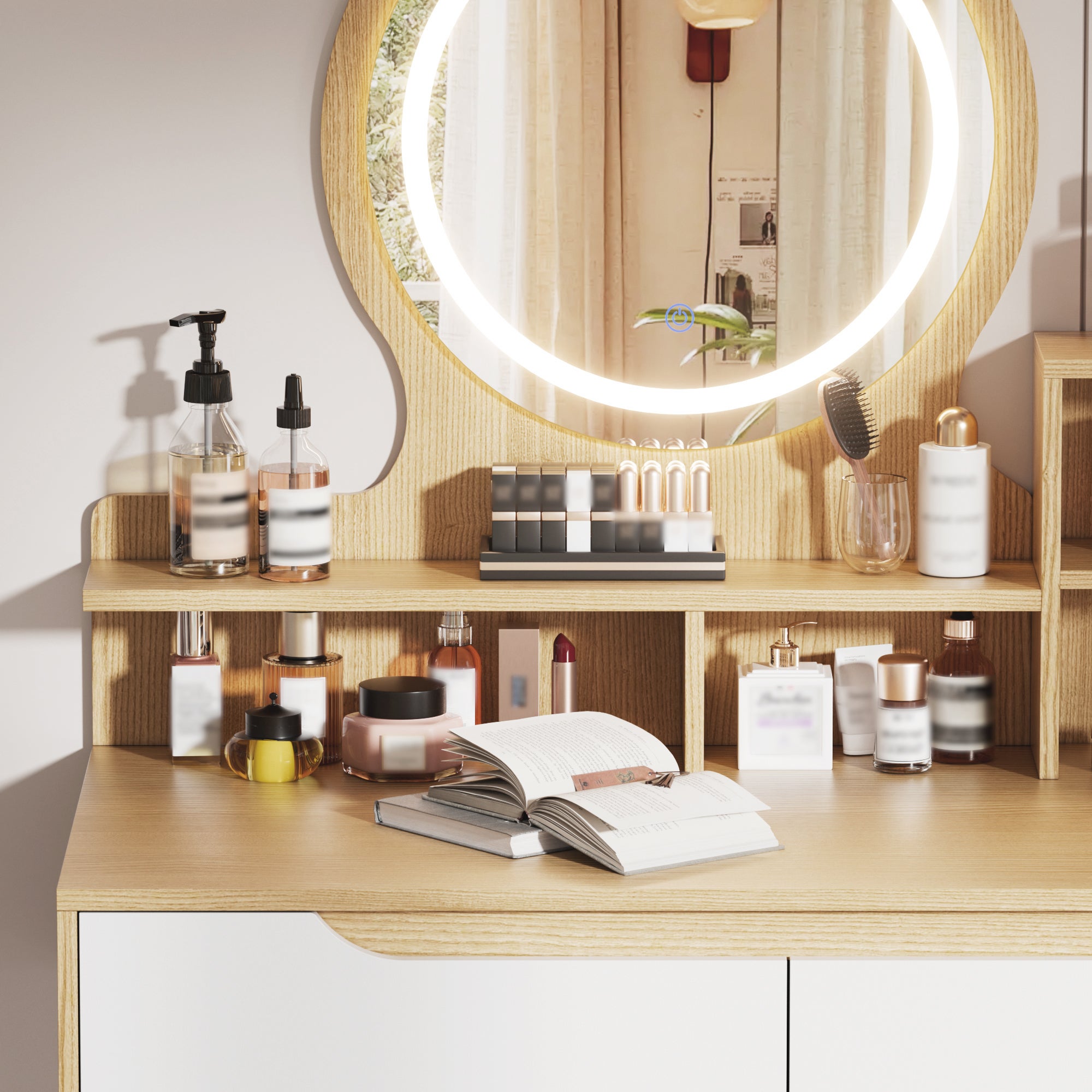 Coiffeuse avec miroir, LED réglable, tabouret rembourré, rangement, MDF naturel - 5