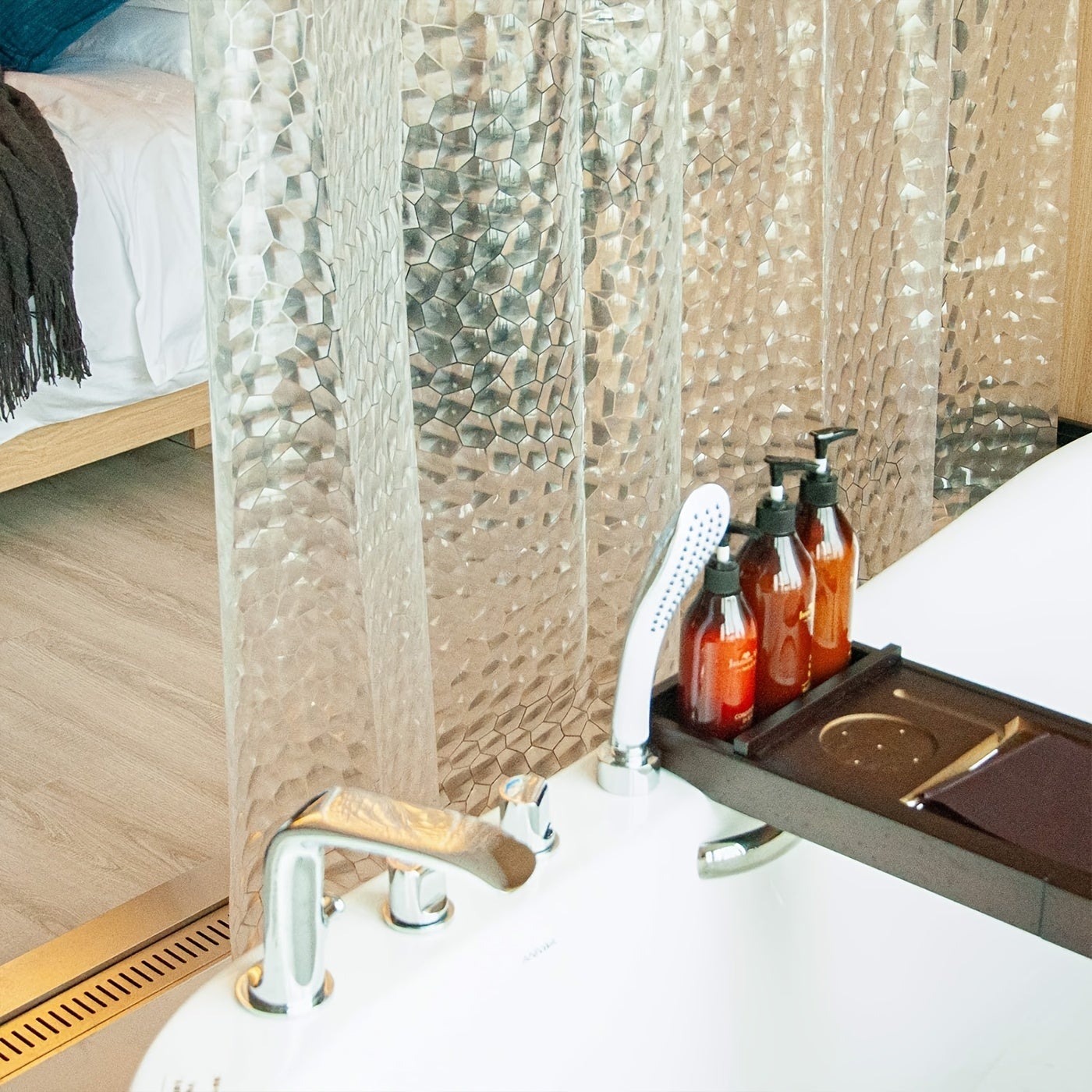 Rideaux de douche, rideau de douche 180 cm x 200 cm blanc motif semi-transparent en tissu PEVA rideau de douche de salle de bain avec crochets - 5