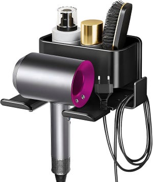 Supporto Da Parete Per Asciugacapelli In Alluminio - Autoadesivo E Salvaspazio Con Porta Spina E Accessori (Grigio)