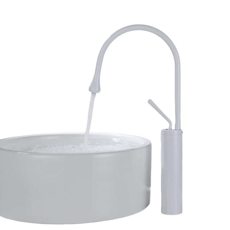 Bateria łazienkowa z obrotowym ramieniem 360° i konstrukcją kroplową, biała, wersja wysoka