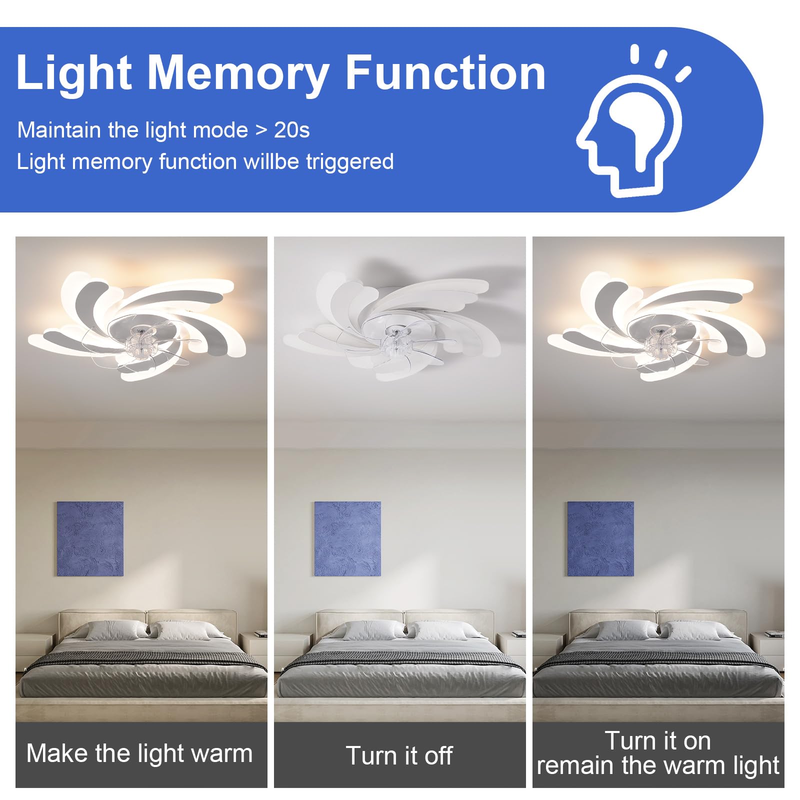 Ventilateur de plafond avec lumières, ventilateur de plafond encastré avec télécommande et application, 6 vitesses de vent, intensité variable, 65 cm - 5