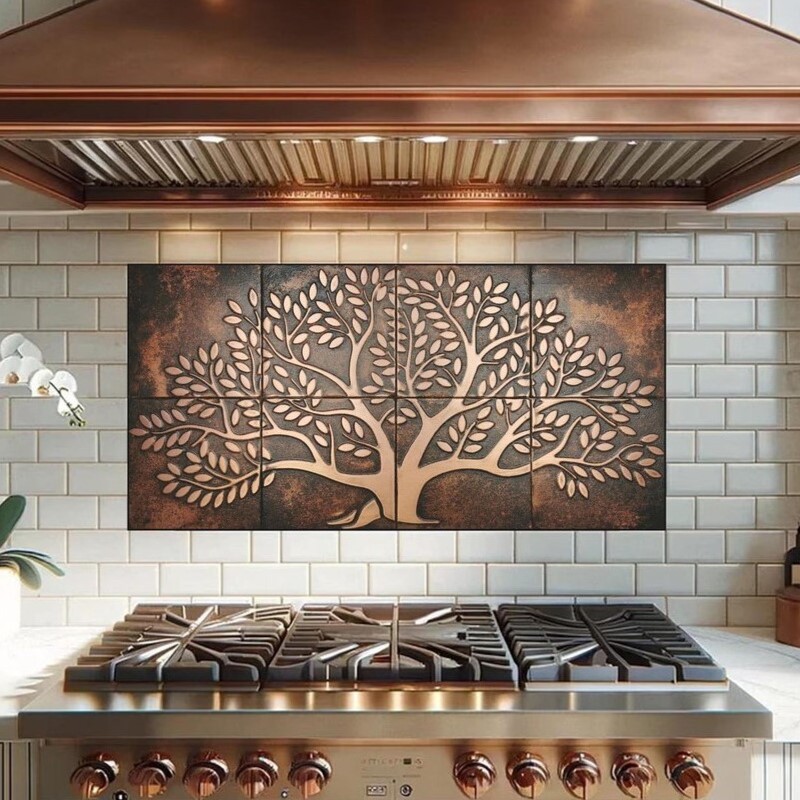 Płytki miedziane ścienne Vida, kolor czysta miedź – Płytki do kuchni z miedzi ręcznie robione | Płytki nad blatem z miedzi backsplash ze wzorem