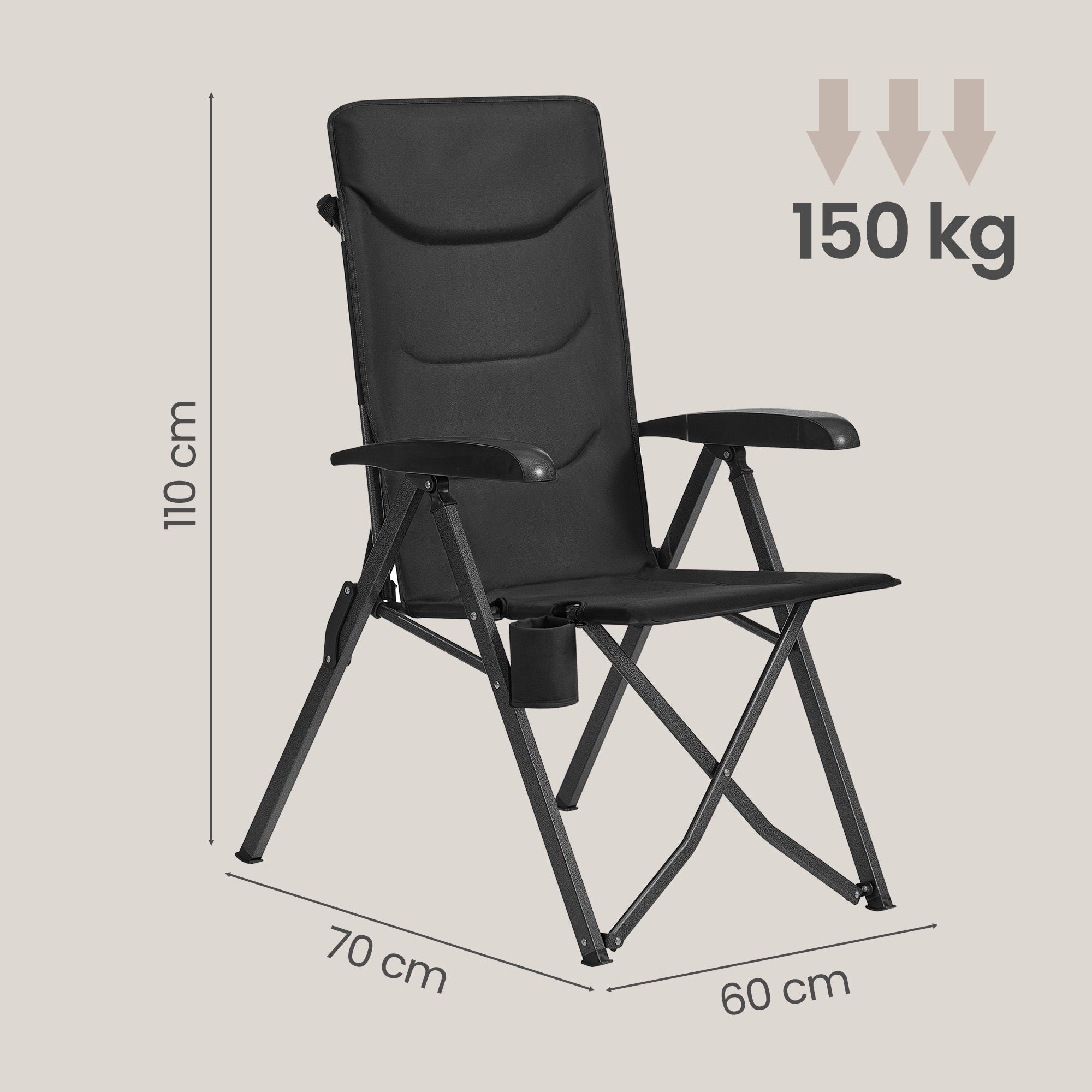 Chaise de Camping, Dossier Réglable 95°-150°, Porte-Gobelet, Sac de Transport, Pêche, Jardin, Noir - 5
