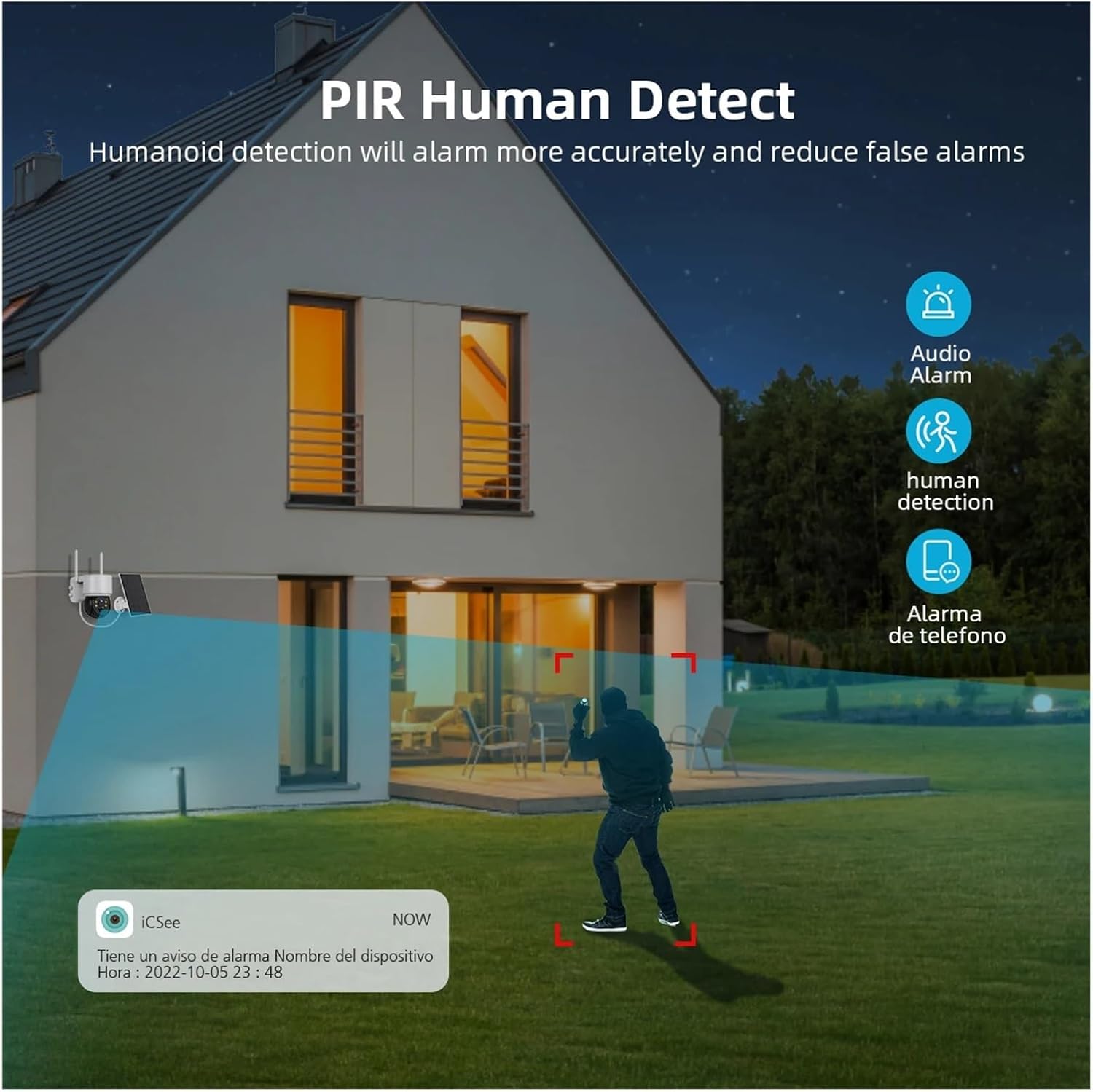 Caméra de sécurité solaire avec détection humaine PIR, panneau solaire, étanchéité IP66 (2Pas de mémoire MP) - 4