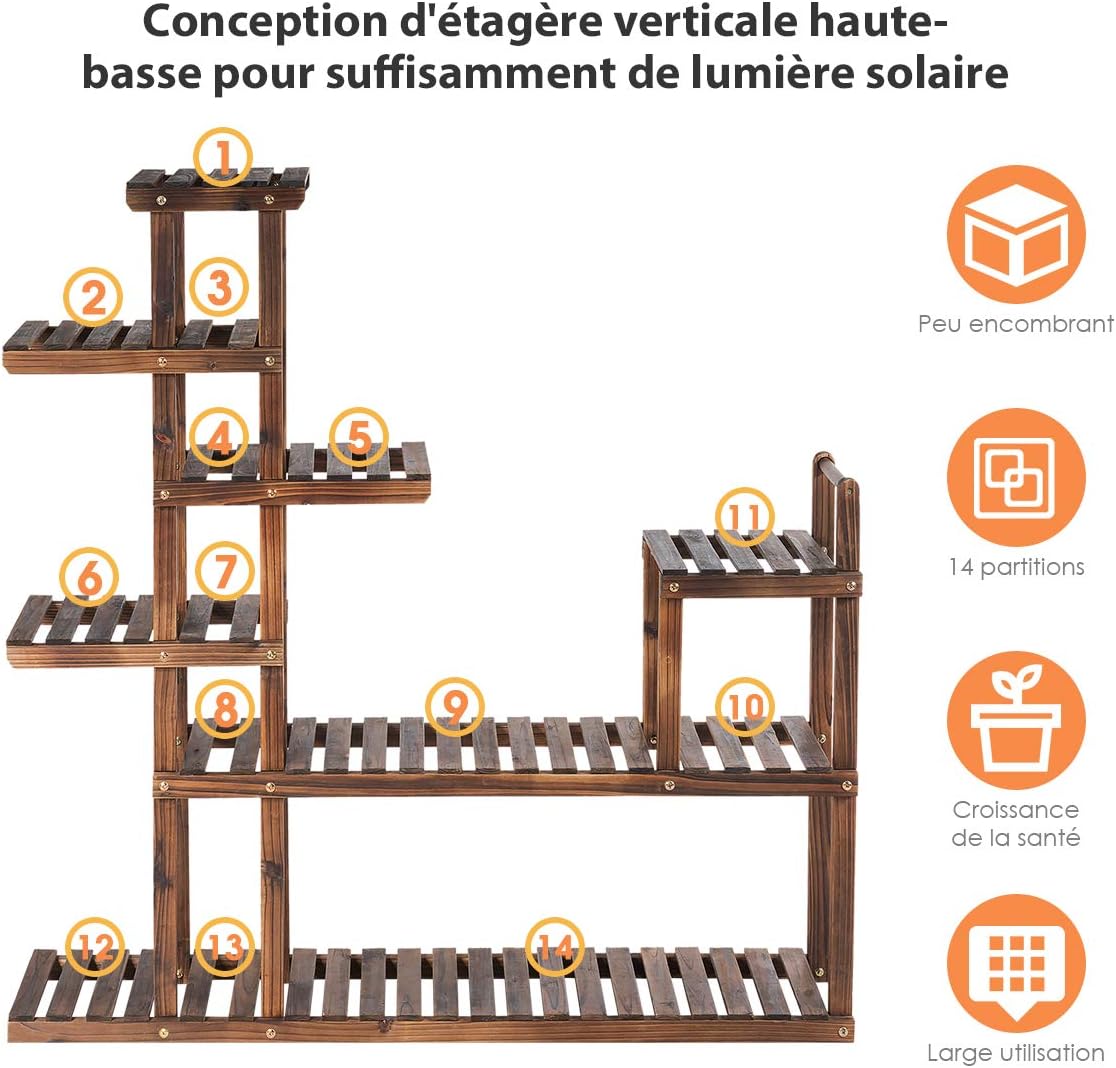 Étagère à fleurs en bois à 7 niveaux porte plante durable décoration décorative 120x25x120cm - 5
