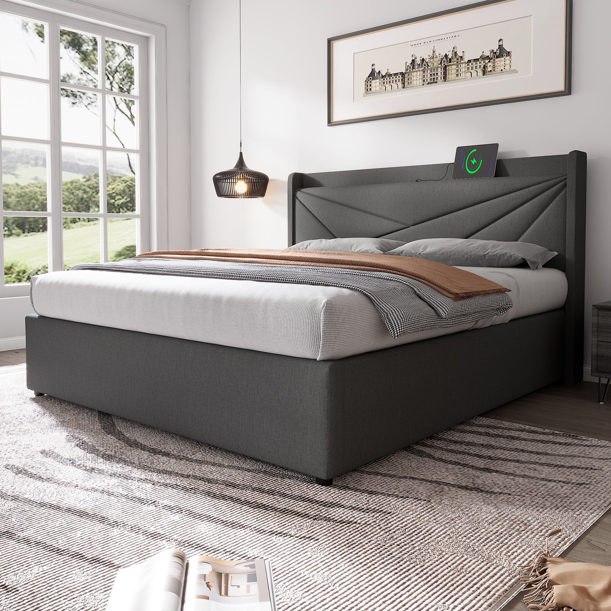 Lit coffre lit rembourré 160x200 cm avec fonction de charge USB Type C, lin, gris, sans matelas - 2