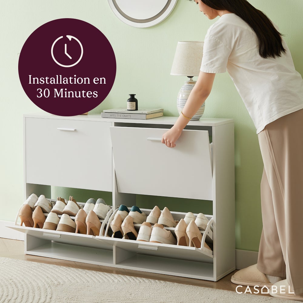 CASABEL Meuble à Chaussures 4 Abattants - Armoire à Chaussures Design - Meuble de Rangement Entrée 24 Paires - Blanc - 4