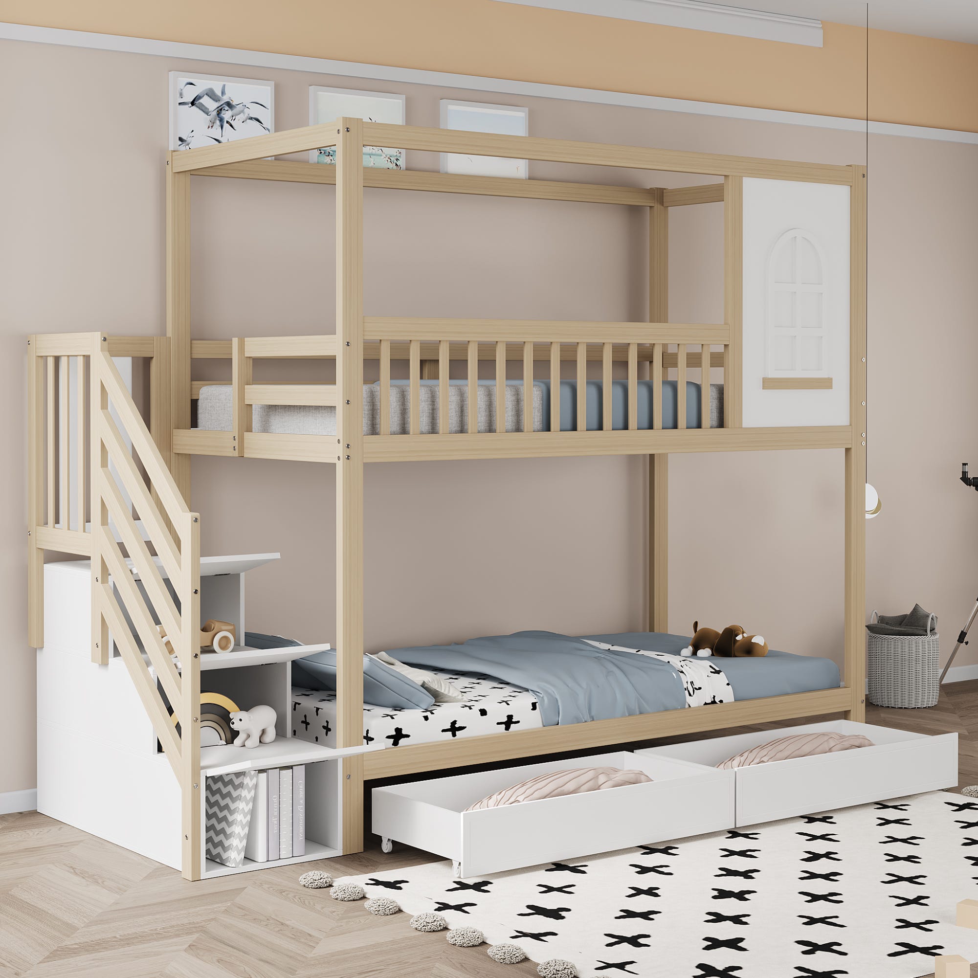 Lit superposé pour enfants Lit double en bois massif avec design en ...