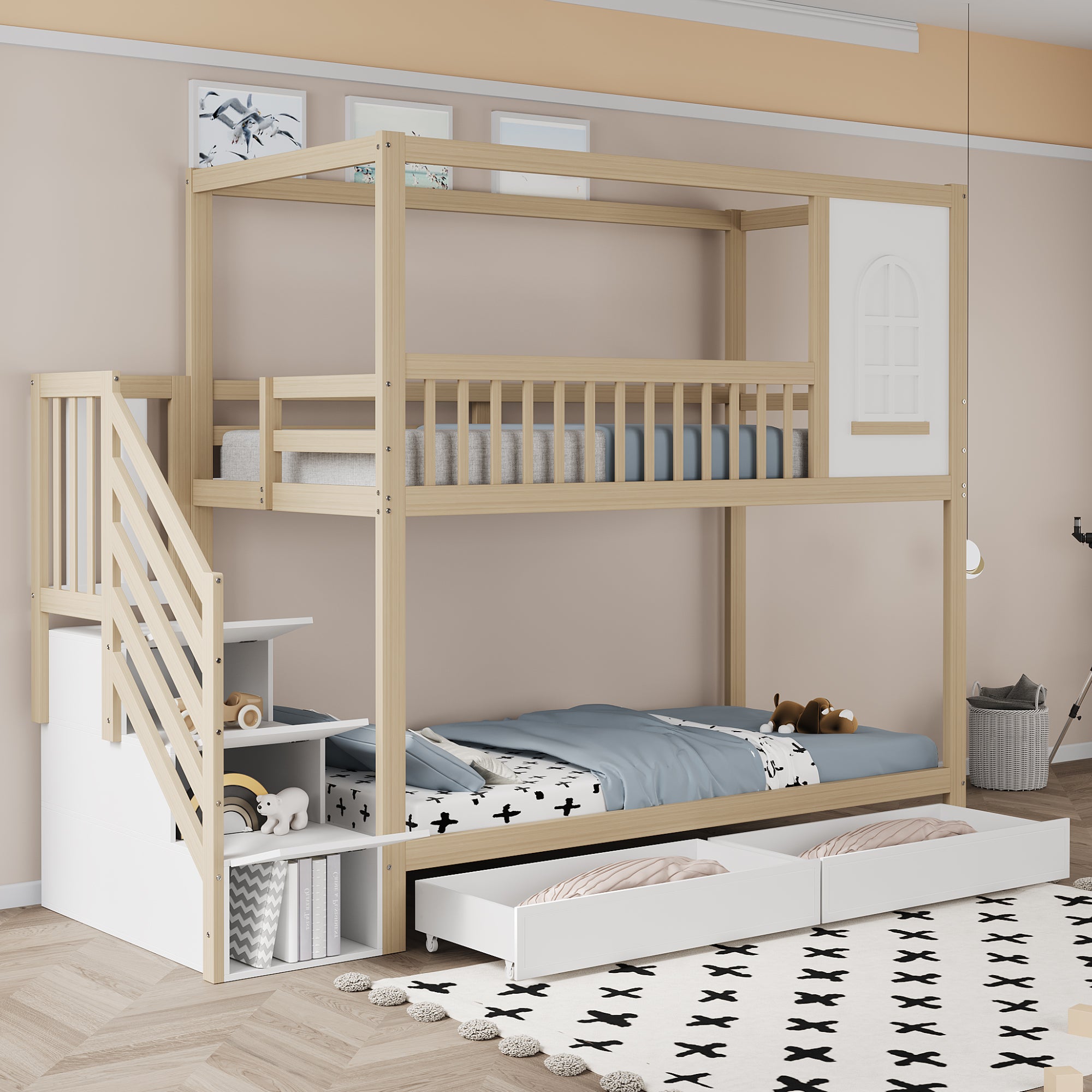 Łóżka piętrowe 2 x 90 x 200 cm z 2 szufladami i 3 drzwiami - Sosna + sklejka + MDF - Kolor drewna (bez materaca)