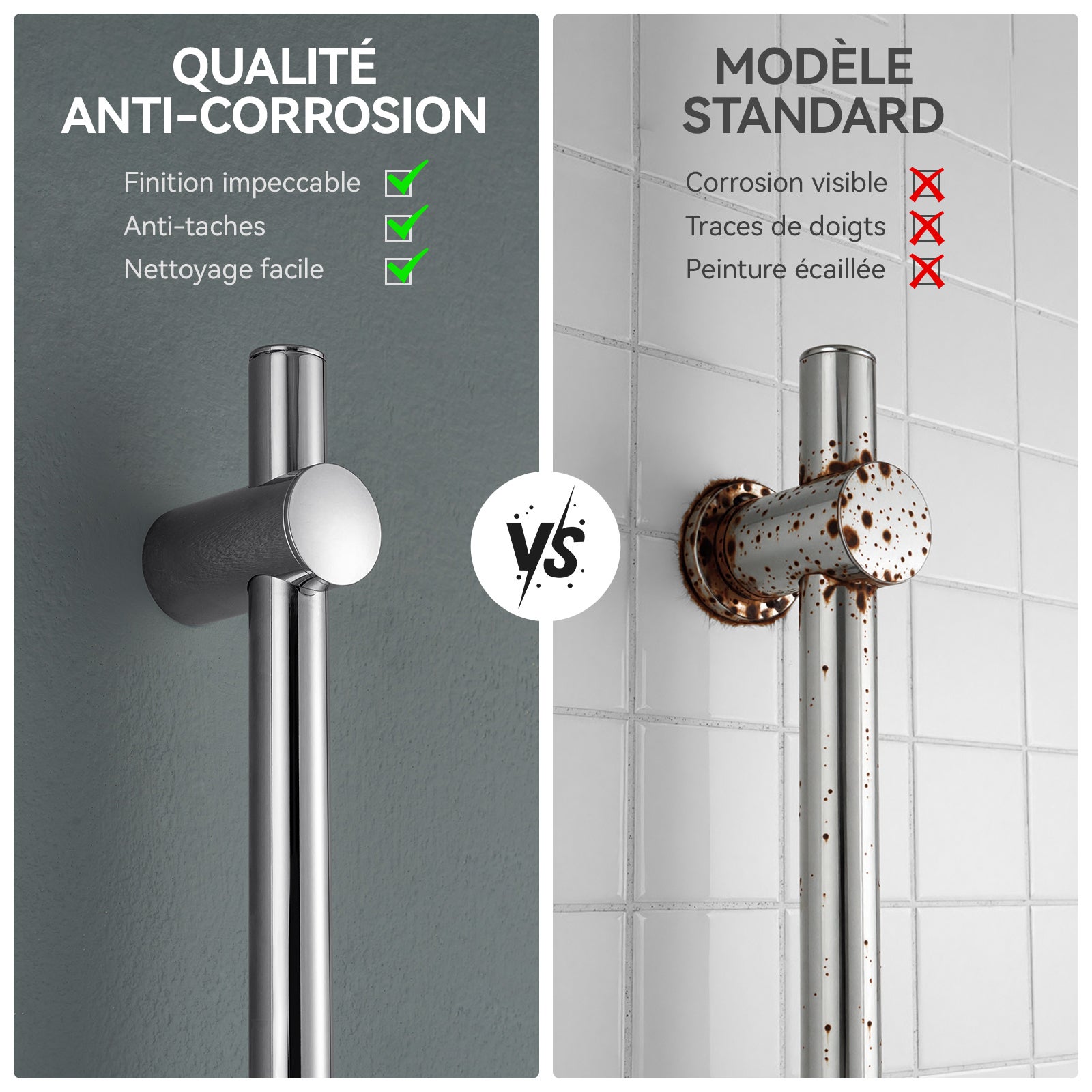 Barre de Douche en inox 70 cm avec Support de Pommeau de Douche /étagère de douche,fixations murales réglables,avec support de douchette,chromé - 7