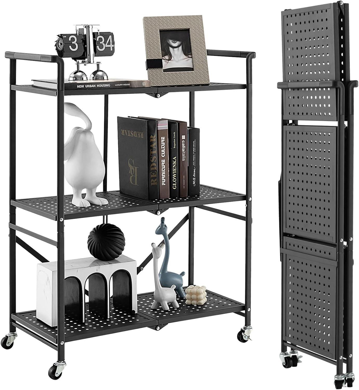 Składany Wózek na Kółkach, Wózek na Kółkach z 3 Poziomami 72,5 x 33 x 93,5 cm, z Praktycznym Uchwytem, do Garażu, Kuchni, Domu, Czarny