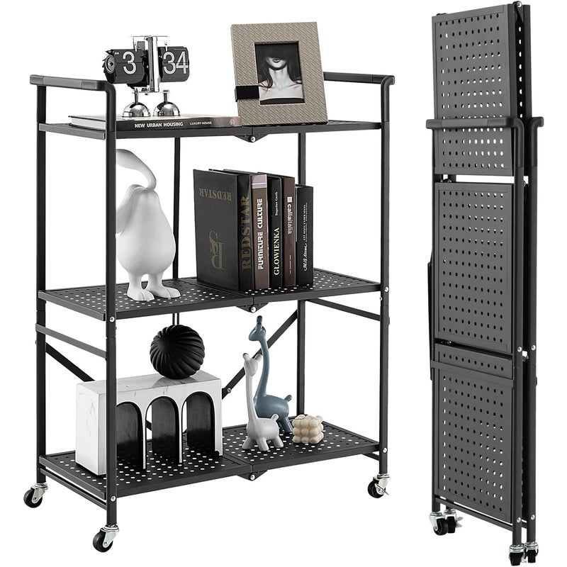 Składany Wózek na Kółkach, Wózek na Kółkach z 3 Poziomami 72,5 x 33 x 93,5 cm, z Praktycznym Uchwytem, do Garażu, Kuchni, Domu, Czarny