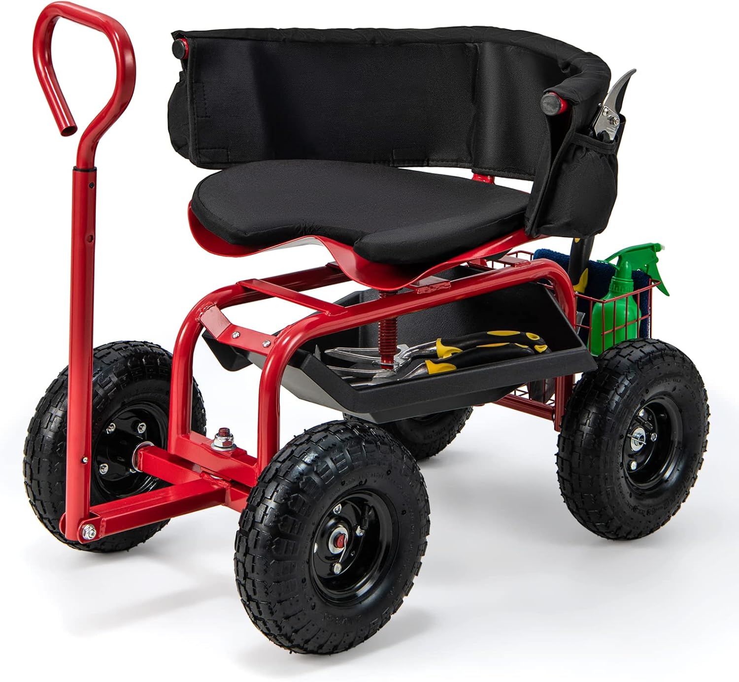 Scaun de grădină cu roți pentru lucru, cu mâner extensibil, cărucior de grădinărit cu scaun pivotant la 360°, tavă-coș de 135 kg, gazon și atelier