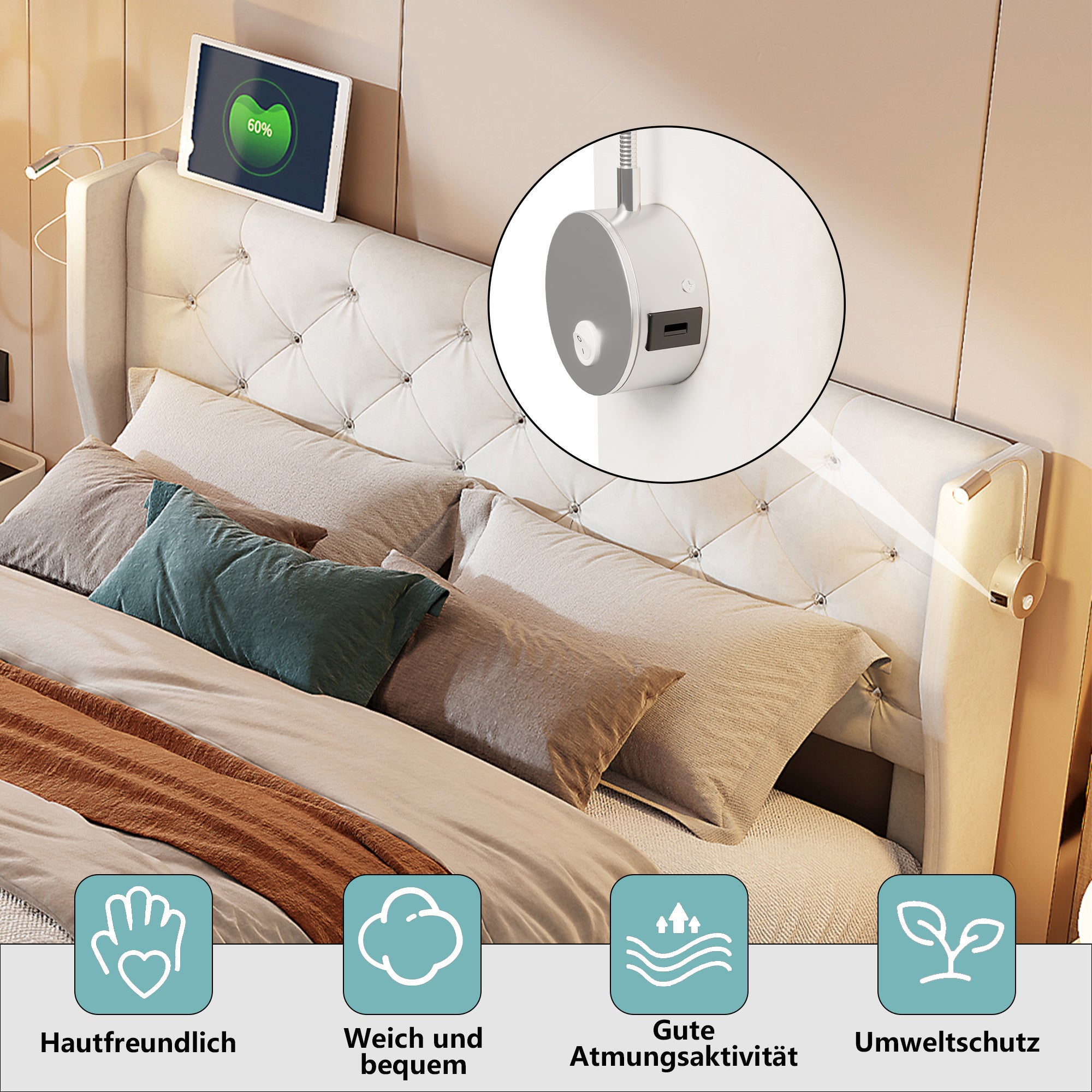 Lit coffre 140x190 velours beige, tête de lit avec LED et port USB, sommier à lattes inclus, rangement hydraulique à vérins, chambre adulte - 6
