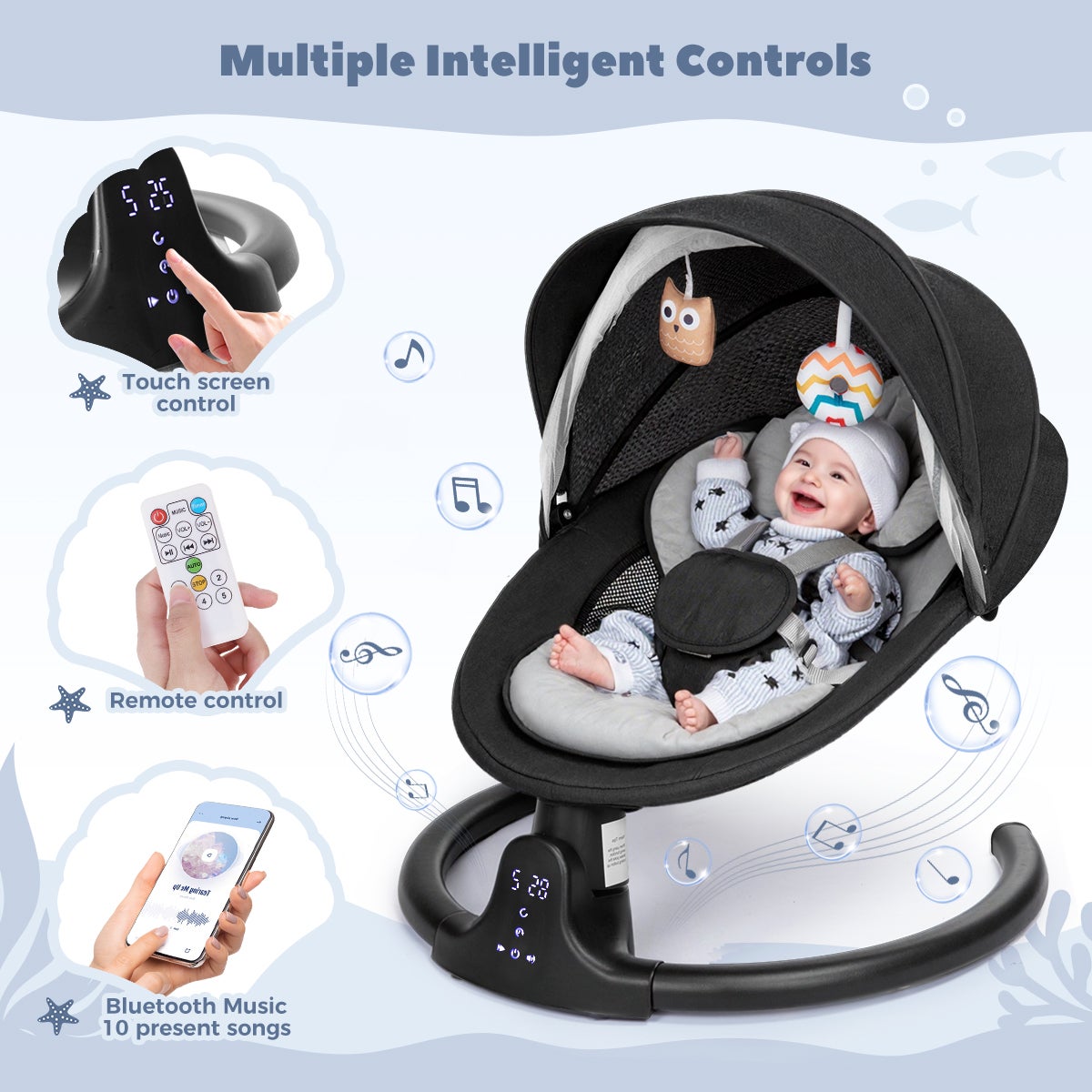 Cadeira de baloiço elétrica para bebé com música Bluetooth, 5 velocidades de baloiço, almofada removível, mosquiteiro e comando - Preto - 7