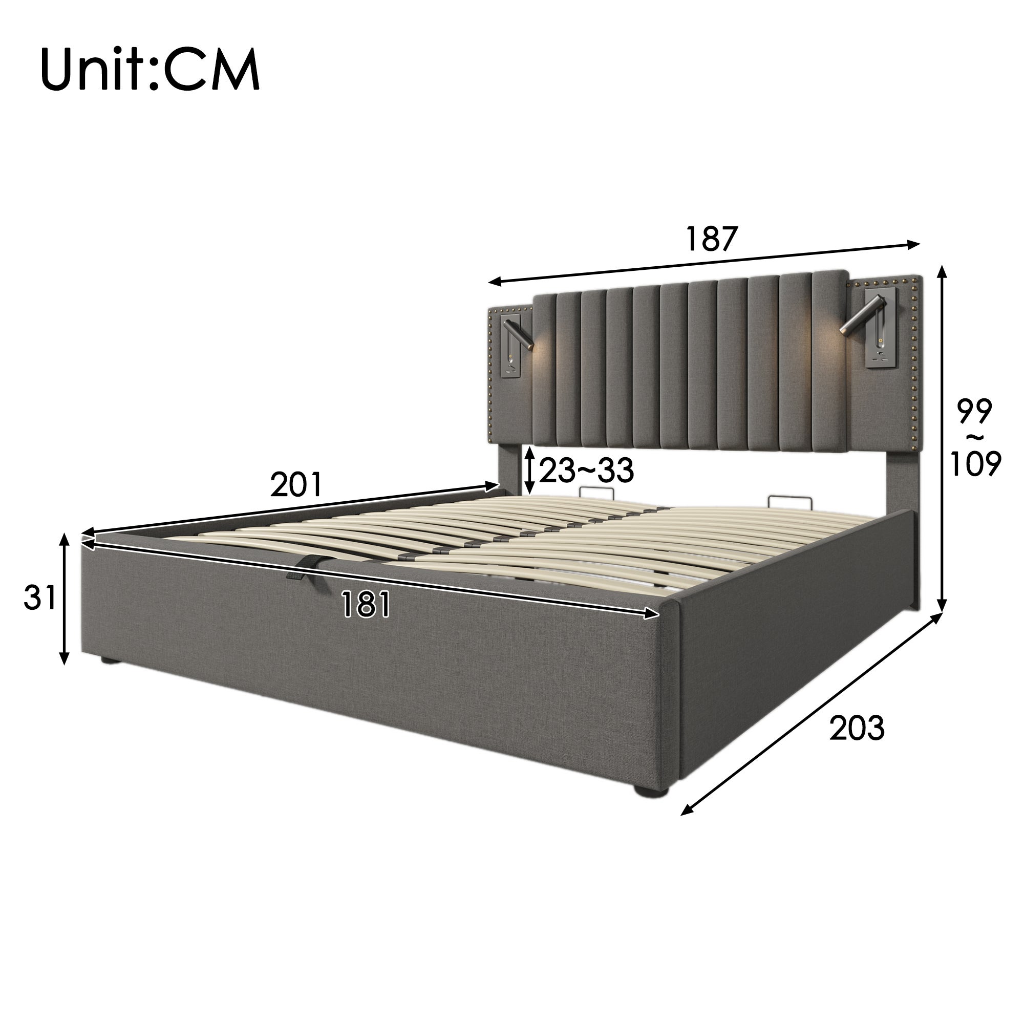 Cama contenedor de tela de algodón de 180x200 cm - con luces de lectura y puertos de carga USB - con somier - Gris - 5