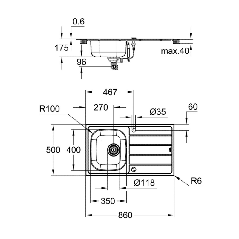 GROHE Evier 1 cuve avec égouttoir réversible en acier inoxydable K200 - 3