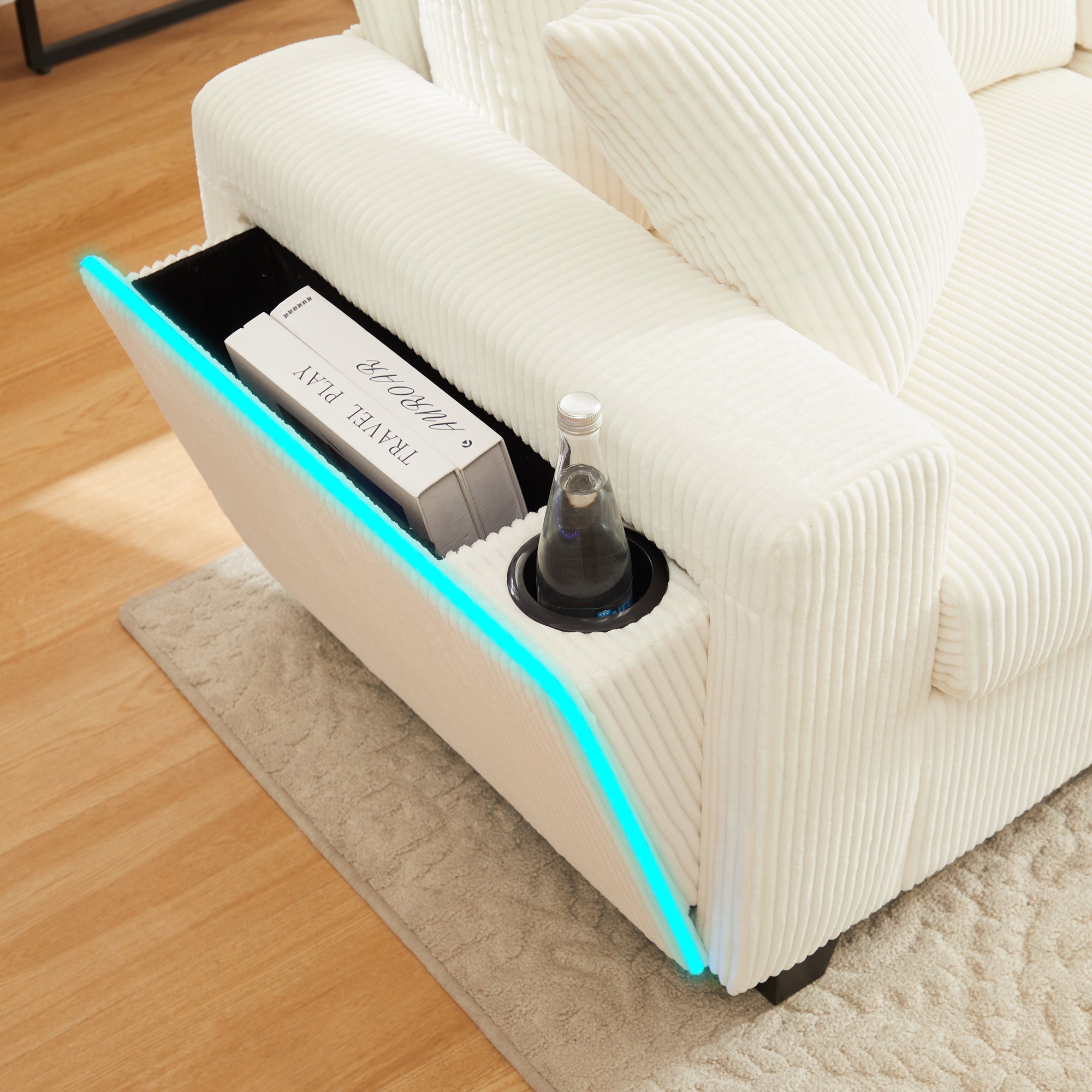 Canapé moderne en forme de U - avec USB, Type-C et lampe de lecture - avec lumières LED Porte - avec gobelet et 2 repose-pieds - Beige - 6