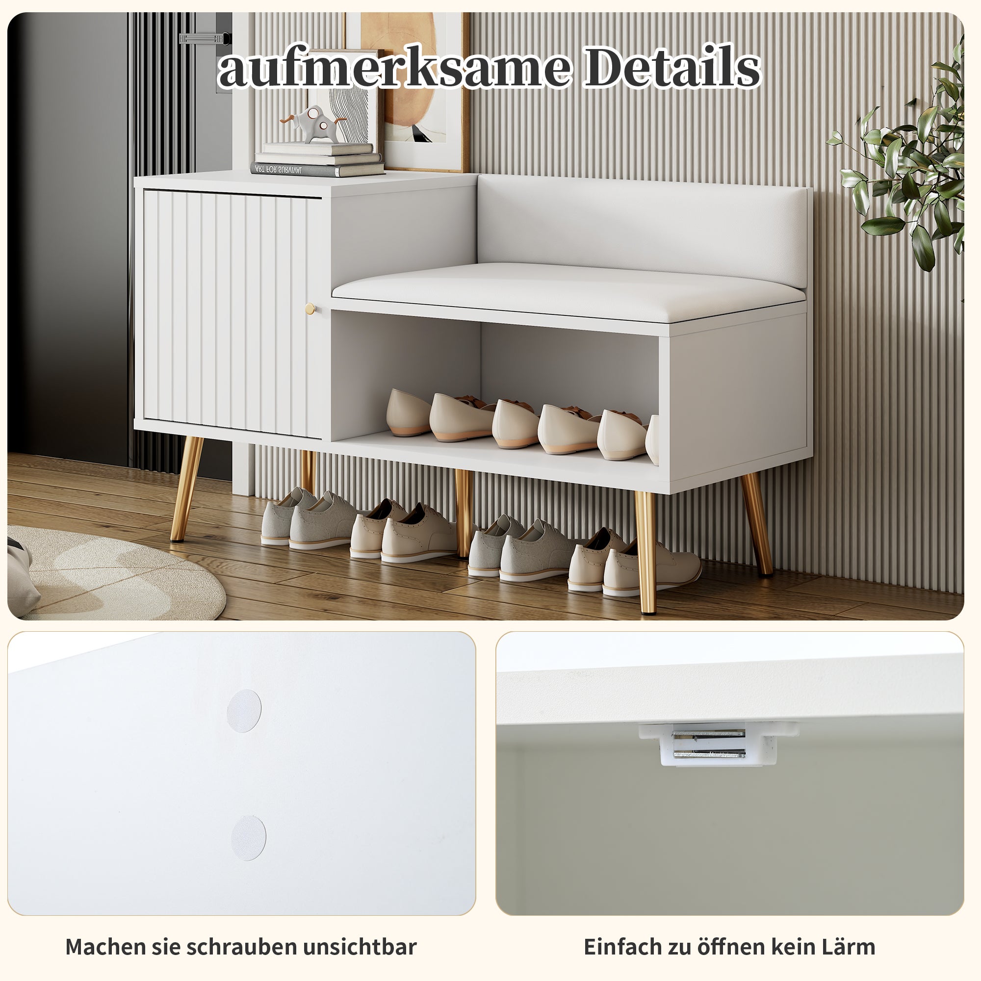 Commode à chaussures moderne luxueuse blanche, siège rembourré avec dossier, poignées/pieds métalliques, idéal entrée, dims: L100×P40×H58 cm - 3
