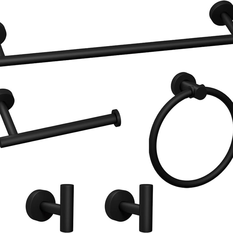 5-częściowy matowo-czarny zestaw akcesoriów łazienkowych, stal nierdzewna, drążek na ręczniki, uchwyt na ręczniki