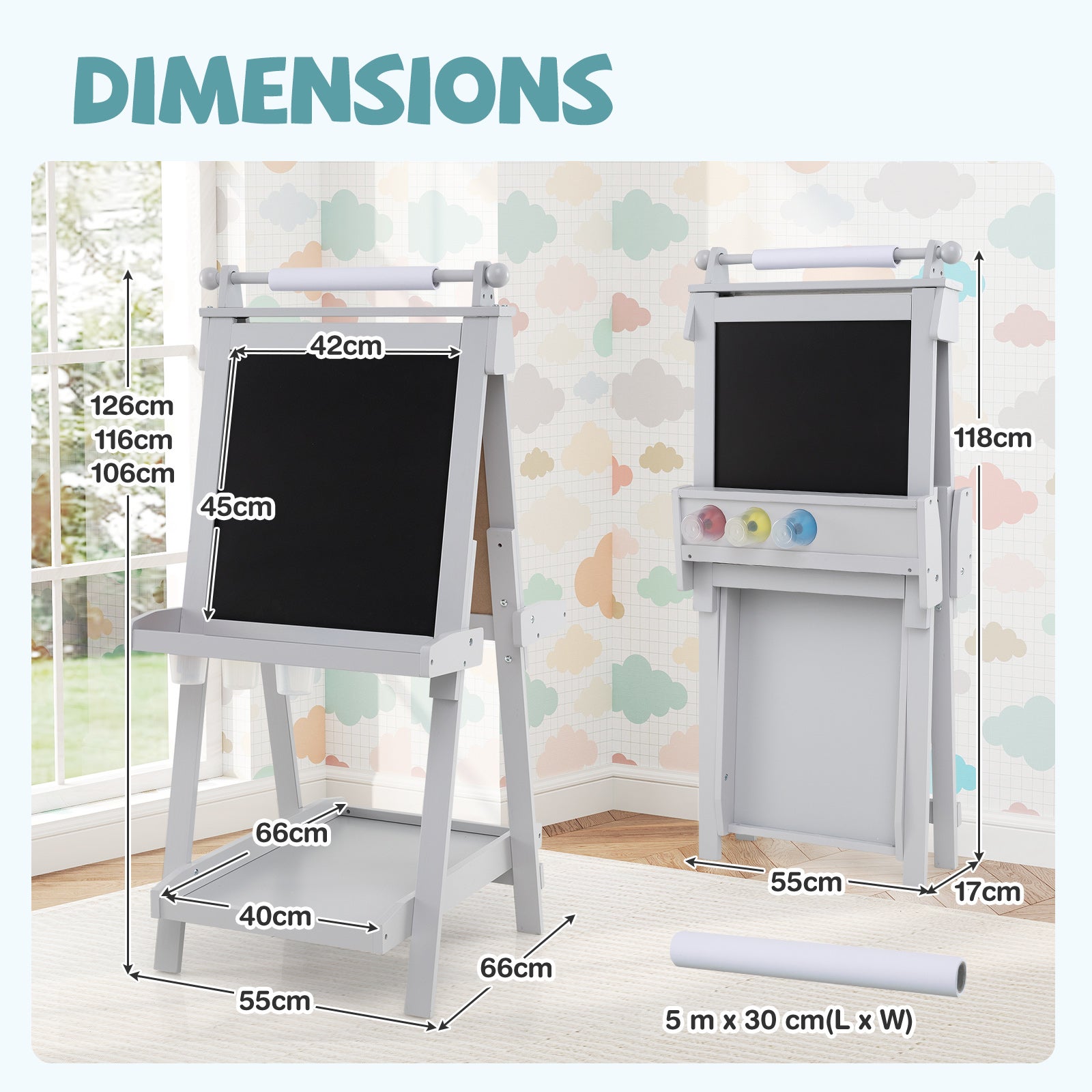 Chevalet Pliable pour Enfants, Double Face avec Tableau Noir et Tableau Blanc Magnétique, Rouleau de Papier Remplaçable, 3 Gobelets, Gris - 3