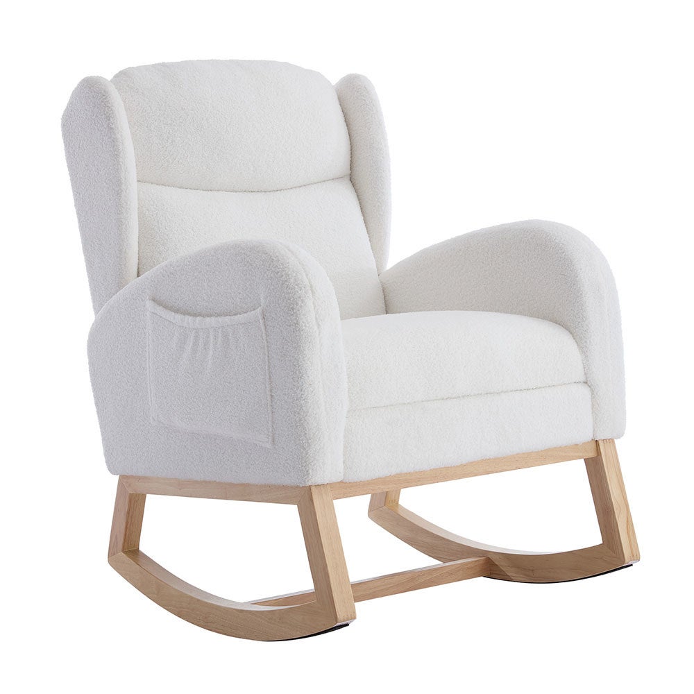 Fauteuil allaitement à bascule - Structure bois repose-pieds réglable tissu Teddy blanc avec poche - 3