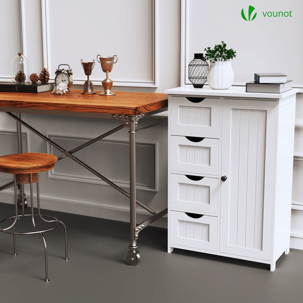 Mobile da Bagno Armadietto da Terra, con 4 Cassetti, Anta, Ripiano Regolabile, 55x30x82cm Bianco - 3