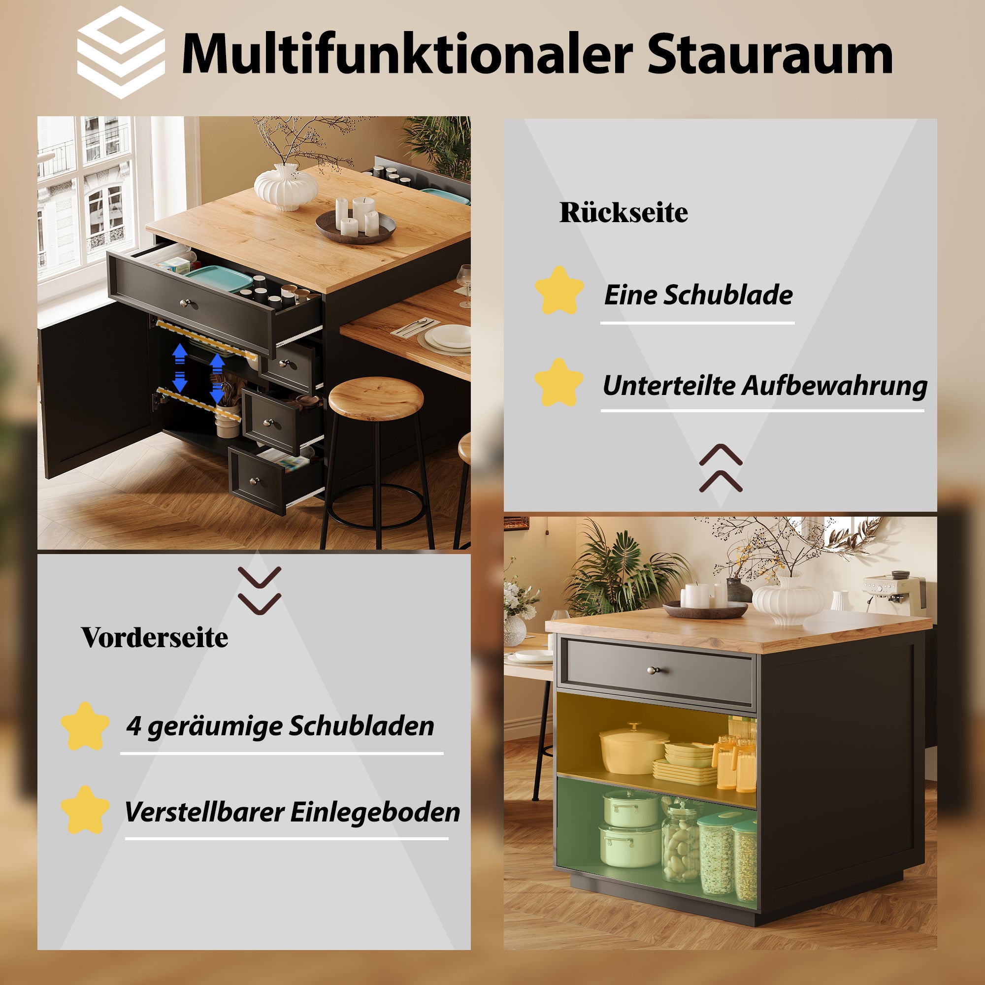 Îlot de cuisine extensible 120–184x70x94 cm avec tiroirs, plateau aspect bois, meuble mobile multifonction, cuisine et bar, noir - 7