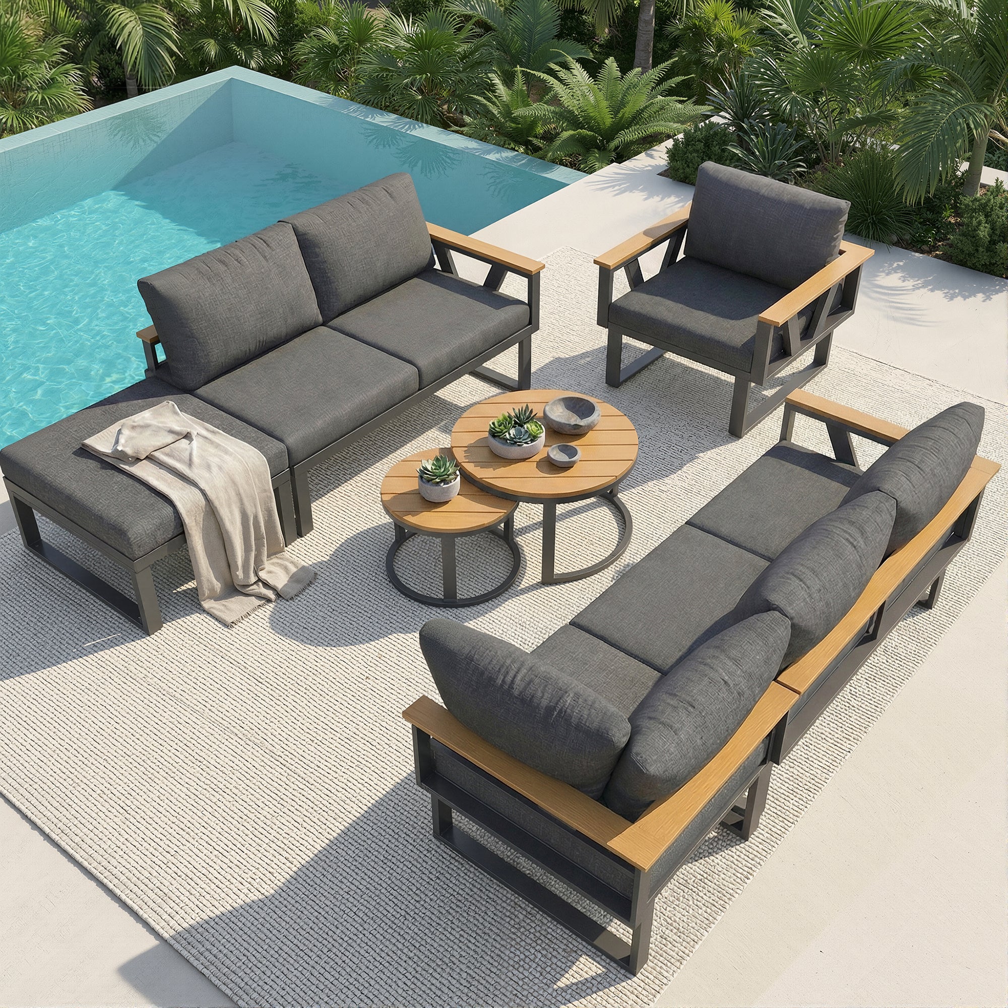 Salon de jardin - 6-7 places - en fer galvanisé - canapé d'angle - avec table basse gigogne - en bois plastique - fauteuil - repose-pieds, Gris - 4
