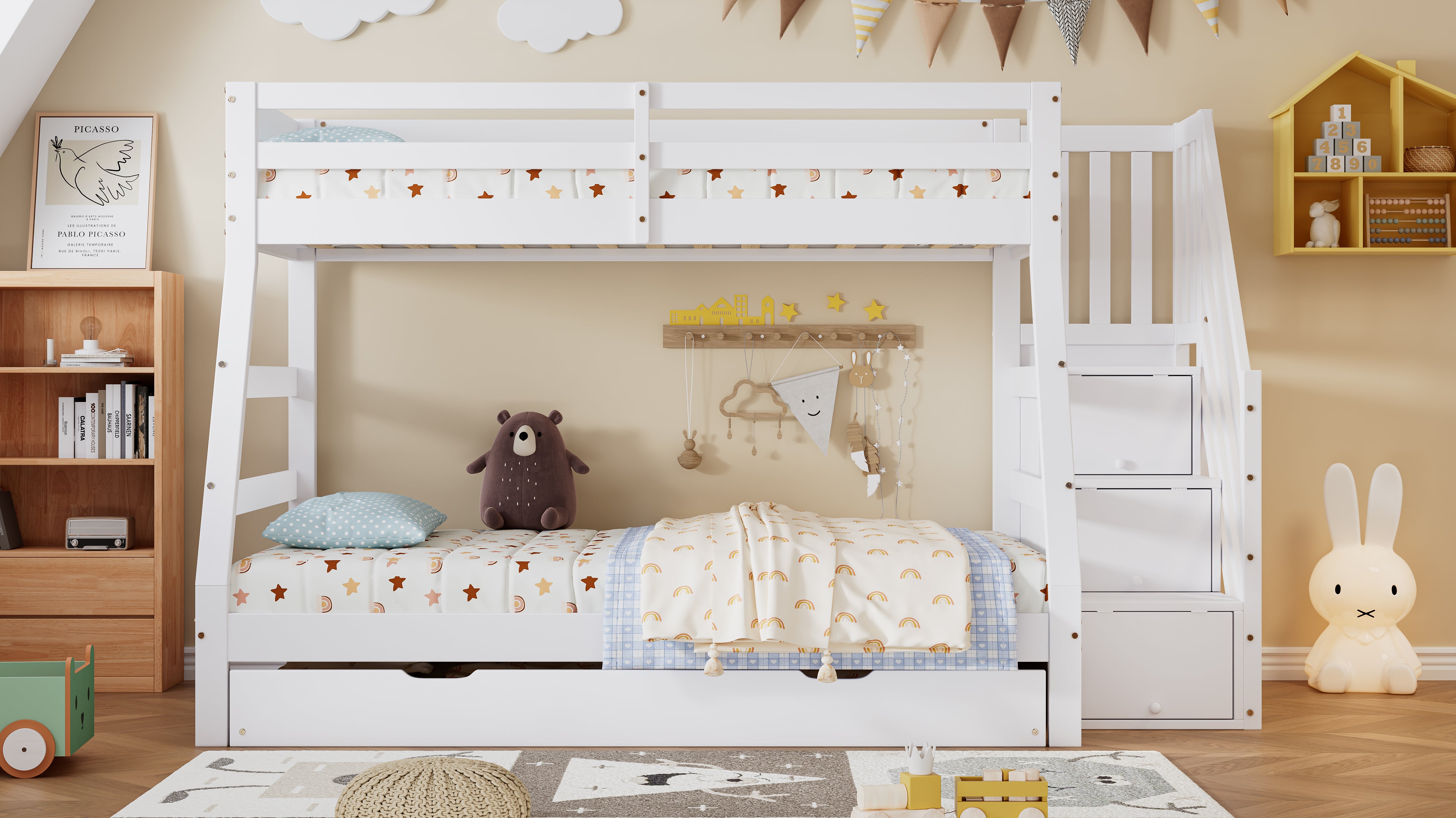 Letto a castello 90/120x200CM con letto estraibile, letto per bambini con scaletta, armadio e corrimano, bianco - 9