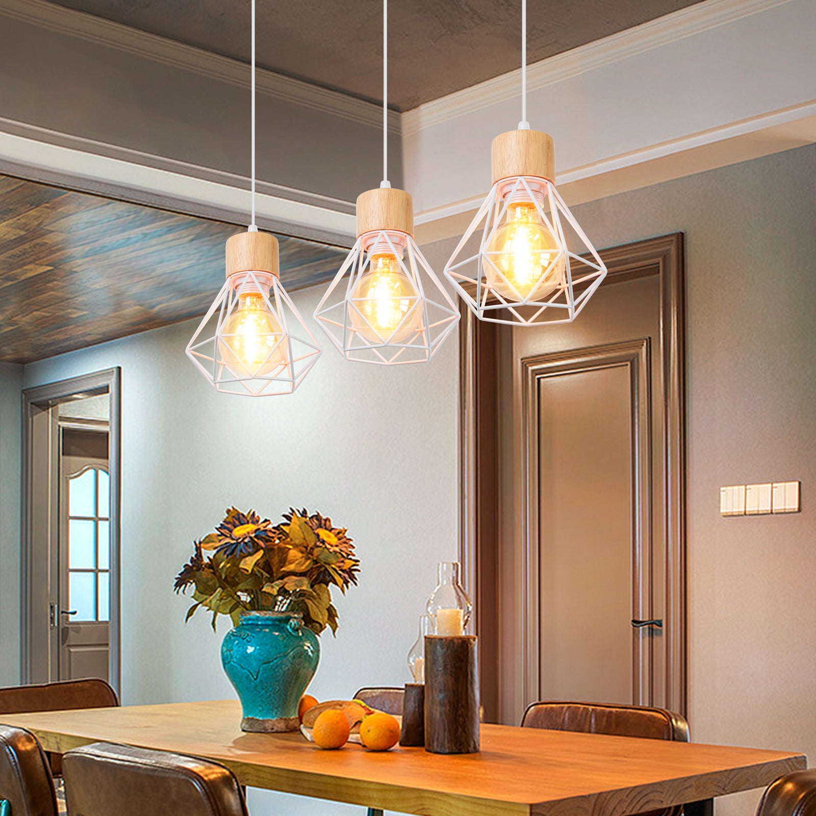 3x Rétro Metal Suspension En Métal Cage E27 Eclairage De Plafond Industrielle Lustre Lampe Vintage Pendante Lumiere Plafonnier Noir 91239478