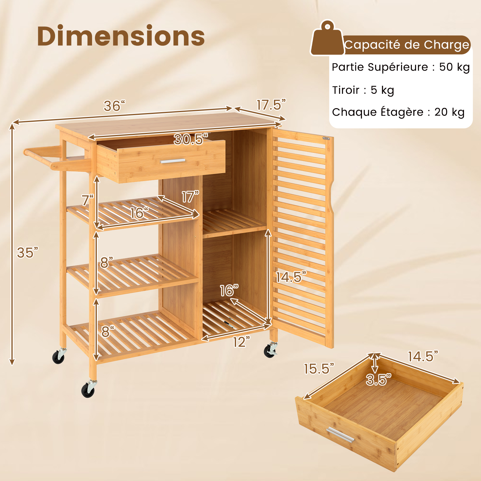 Desserte de Cuisine Roulant en Bambou avec Tiroir, 3 Étagères Ouvertes, 1 Armoire à Porte, Porte-serviettes, Roulettes Verrouillables, 91 x 44 x 89 cm - 3