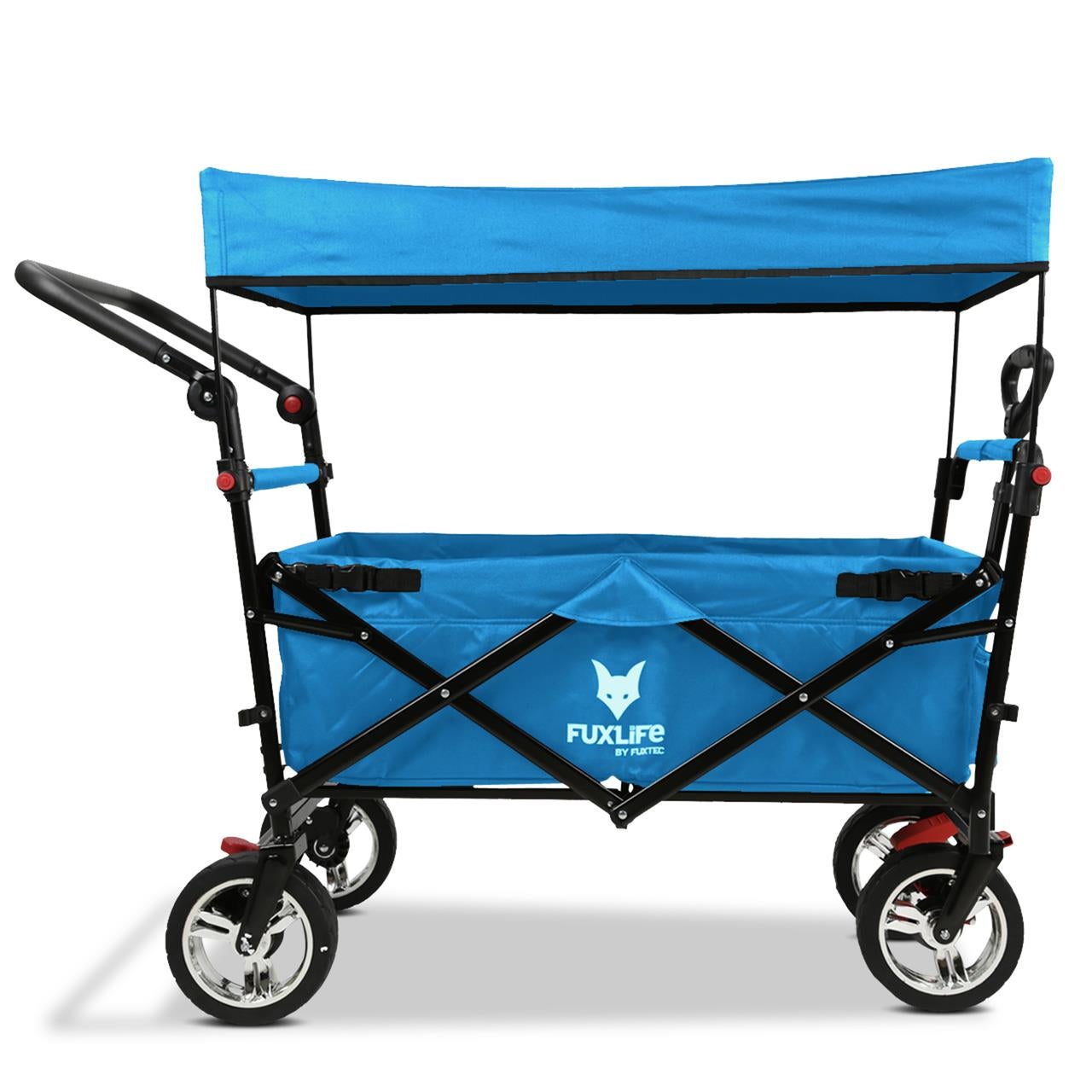 Wózek reczny FUXTEC FX-CT700 turkusowy, daszek przeciwsloneczny, do 75 kg, uchwyt pchania, podwójne hamulce, 2 siedzenia, 120×56×98