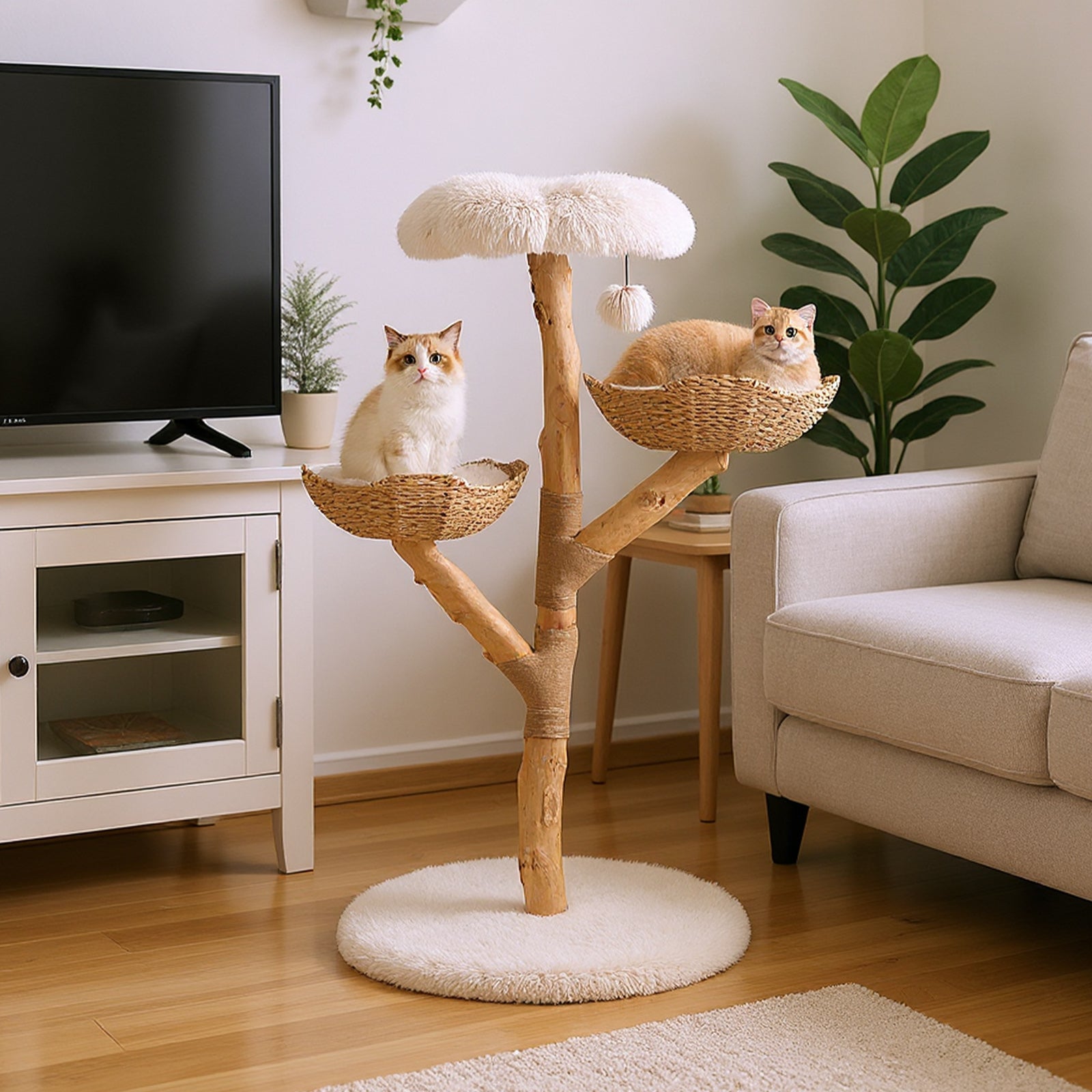 Arbre a Chat XXL 122 cm, Arbre a Chat en Bois Massif, 2 Paniers en Rotin, 2 Plateformes, Poteau à Griffer en Jute, Tour pour Chaton, Pompon Suspendu - 2