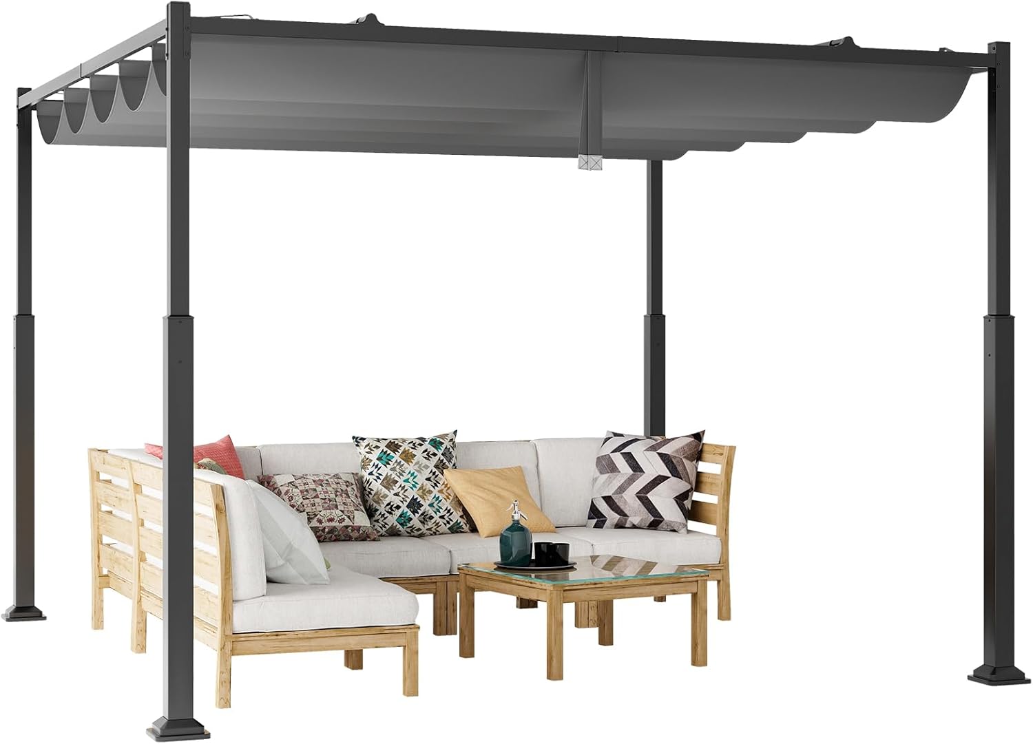 Pérgola de patio de 3,1 x 3,1 m con toldo retráctil deslizante. Pérgola exterior metálica resistente con parasol y piquetas. Gris - 5