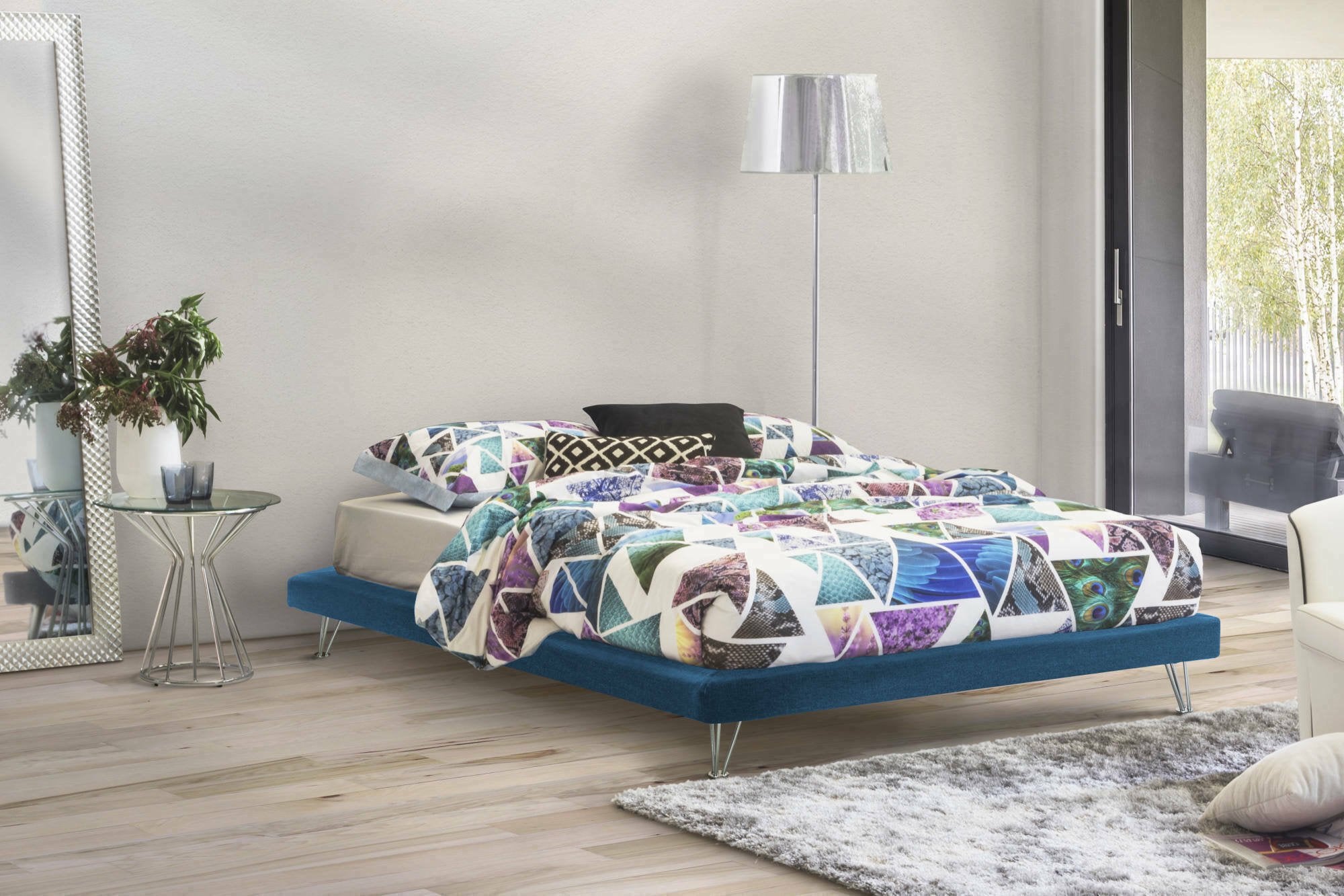 Lit double Arbatrax, Lit fixe en tissu avec pieds, 100% Made in Italy, adapté pour matelas 160x190 cm, Bleu - 2