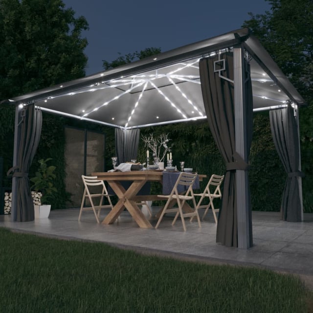 Gazebo con tenda e luci LED 4x3 m Alluminio Antracite