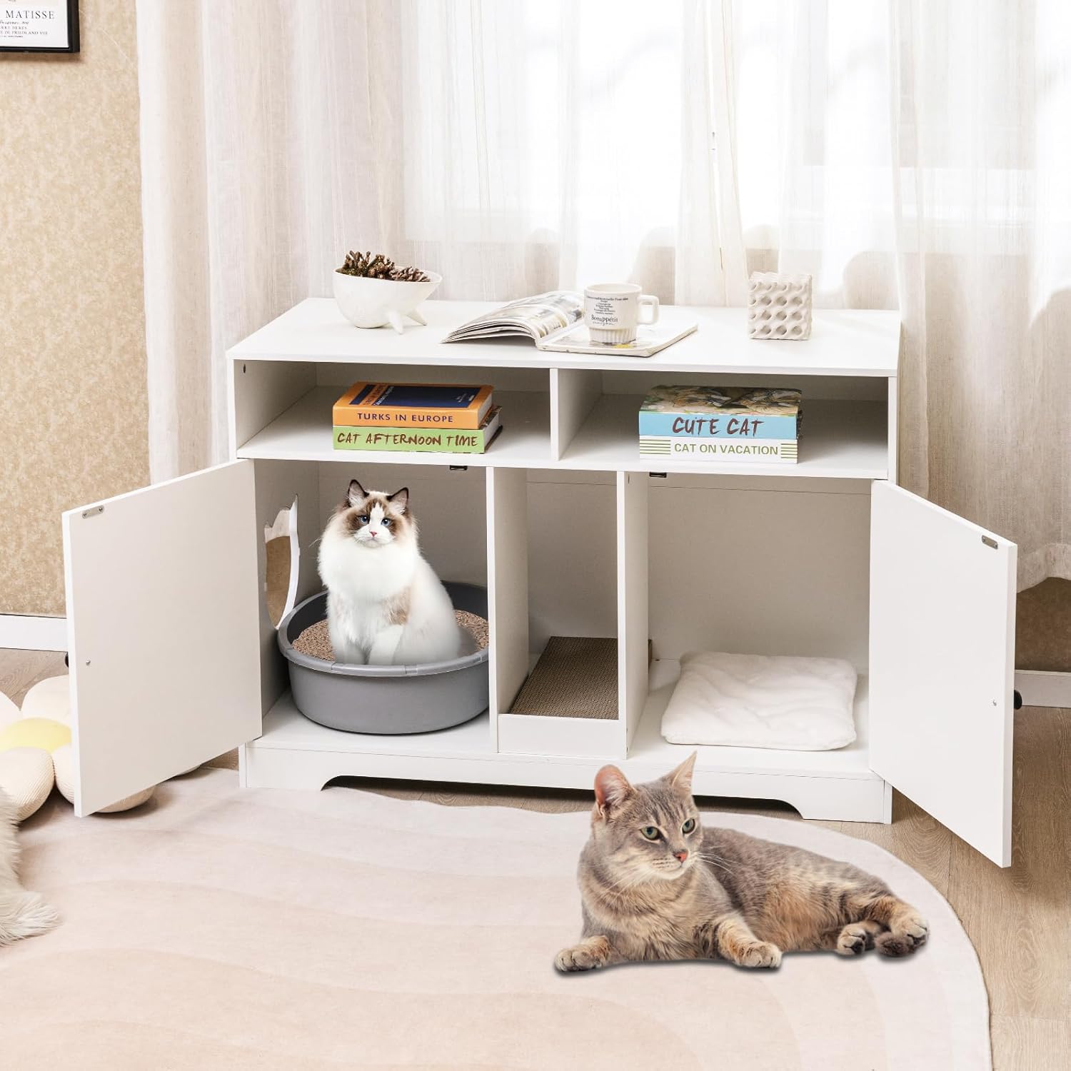 Móvel para caixa de areia para gatos, 108 x 50,5 x 73,5 cm, casa de banho para gatos de interior, 2 entradas, 2 compartimentos abertos - 7
