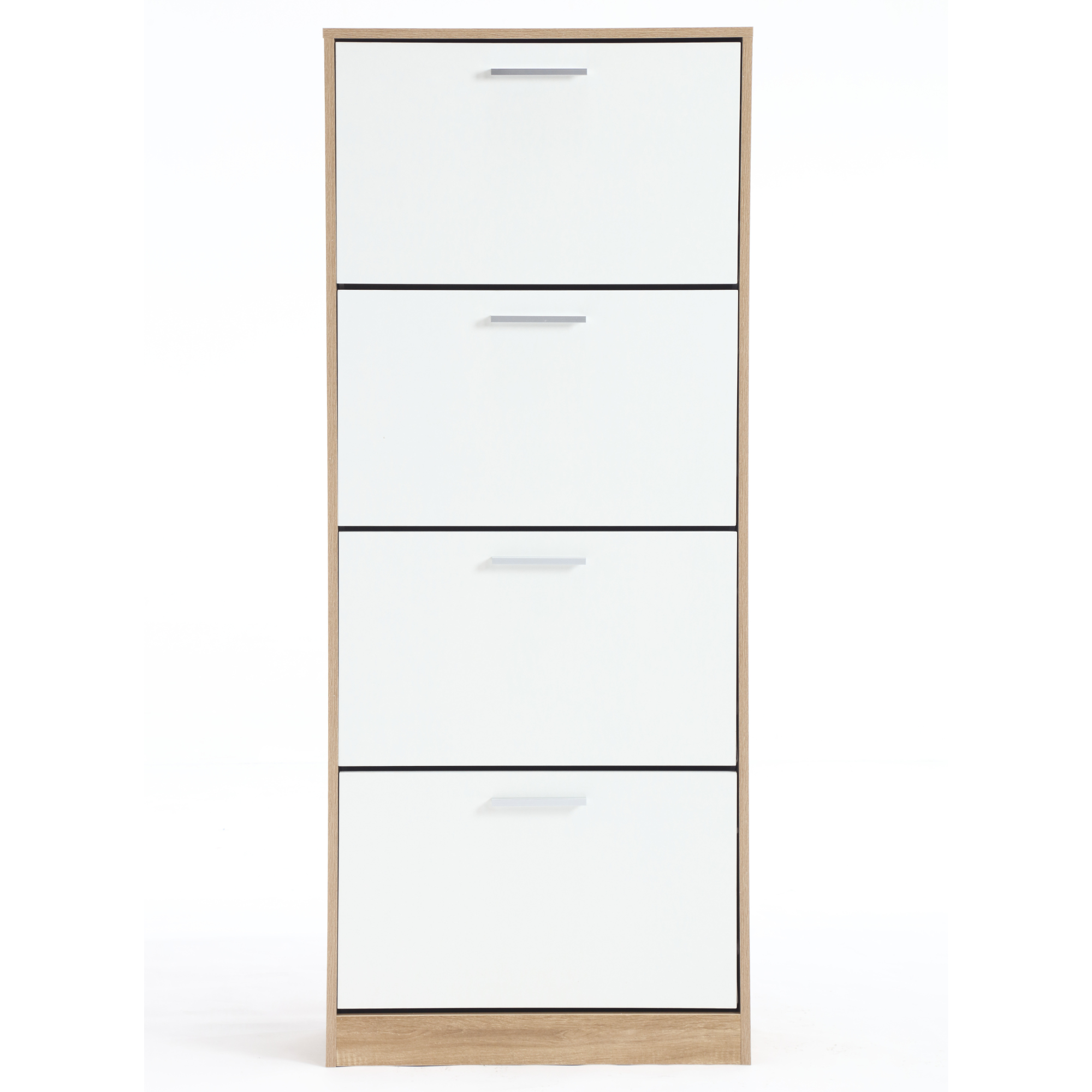 Meuble à chaussures peu encombrant à 4 portes doubles et étagères, 63 x 24 x 155 cm, en bois, pour entrée, blanc et chêne - ZIK - 3