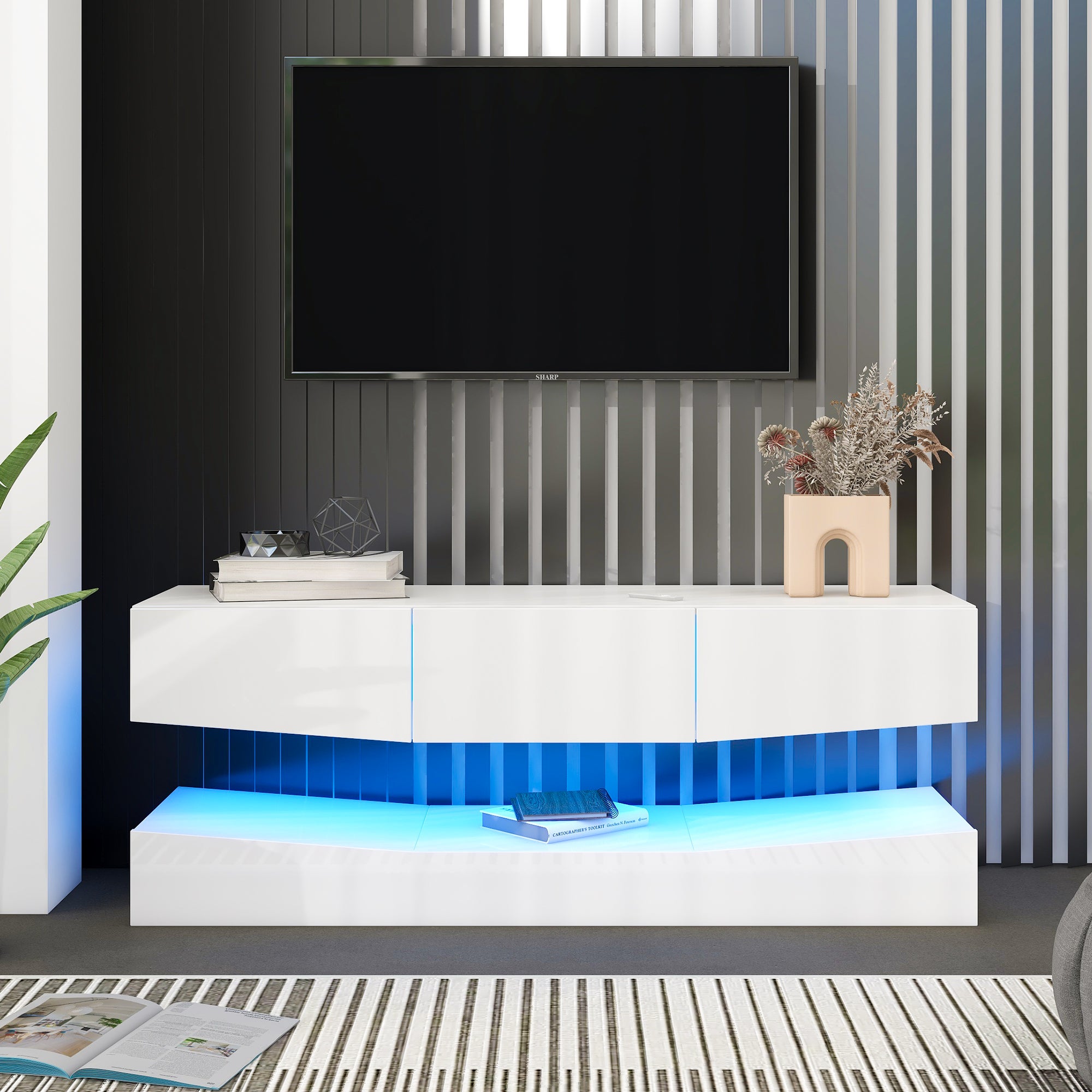 Meuble TV Suspendu 135cm Blanc Avec Portes - Console Murale Rangement Salon Moderne