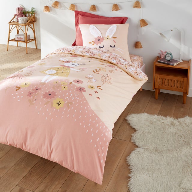 Housse de couette coton biologique, Lapin fleuri - Imprimé rose - 140 x 200 cm