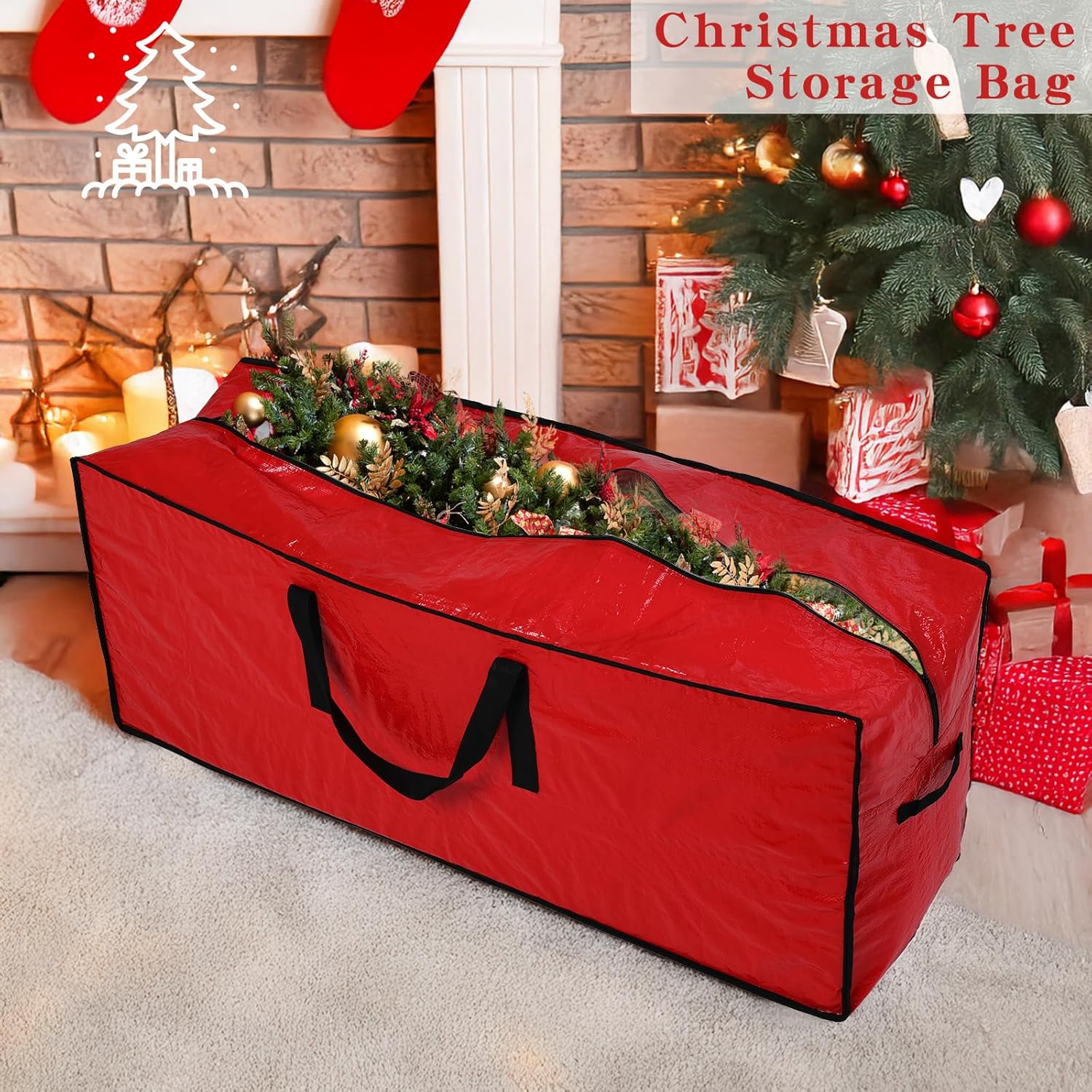 Sac de Rangement pour Sapin de Noël Démontable, Grand Conteneur de Stockage Renforcé 122x38x50cm , Housse de Protection pour Arbre Artificiel - 4