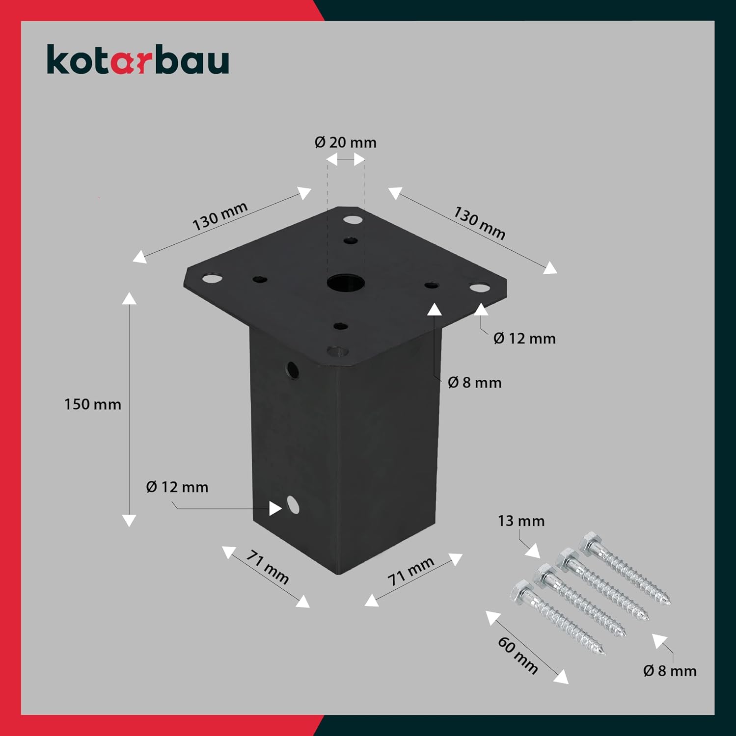 Support de poteau à fixer 70 x 70 mm en acier galvanisée - Pied de poteau carré noir - KOTARBAU - 4