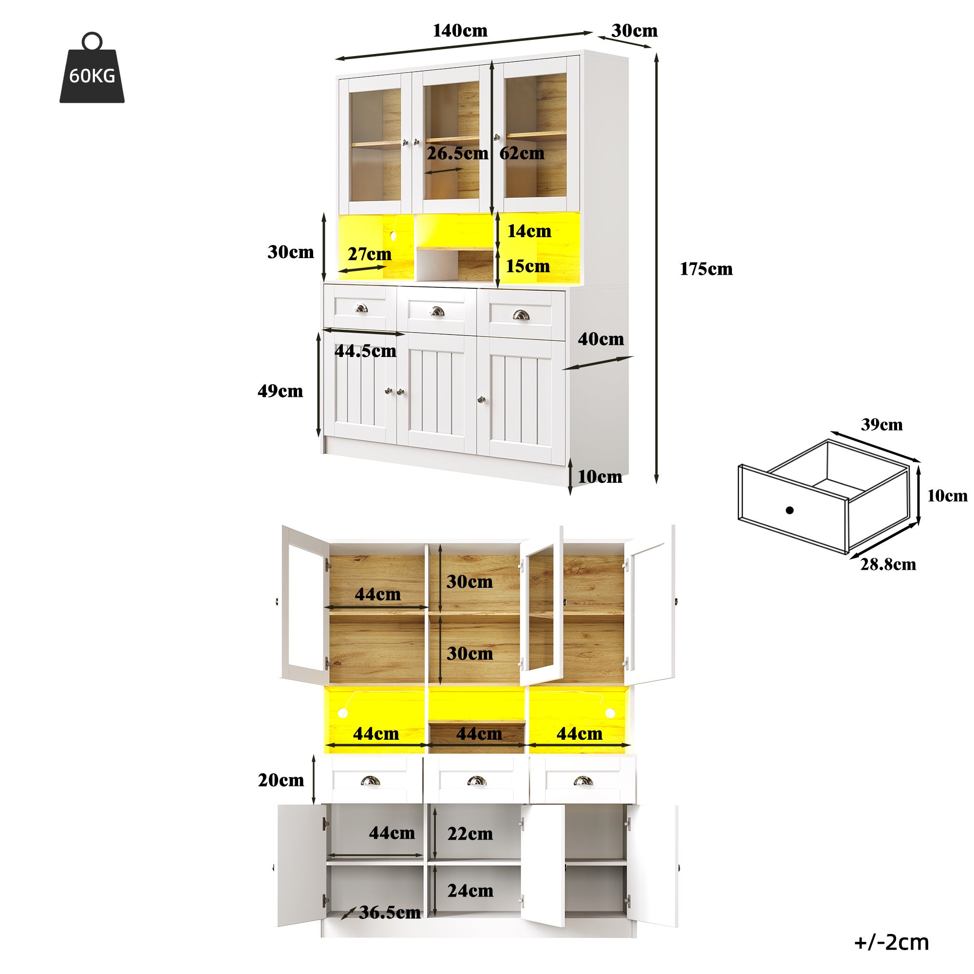 Buffet Haut de Cuisine avec Vitrine et Étagères Réglables, Meuble de Rangement MDF, 140 x 40 x 175 cm, Blanc - 4